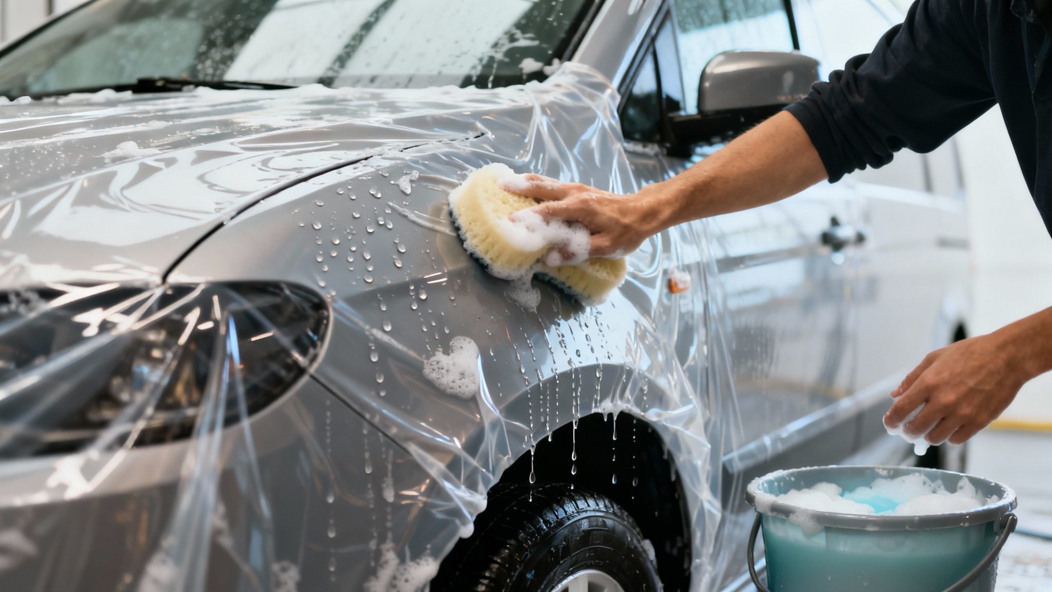 A person's hand washes a grey van, partially covered in clear protective film, with a soapy sponge.