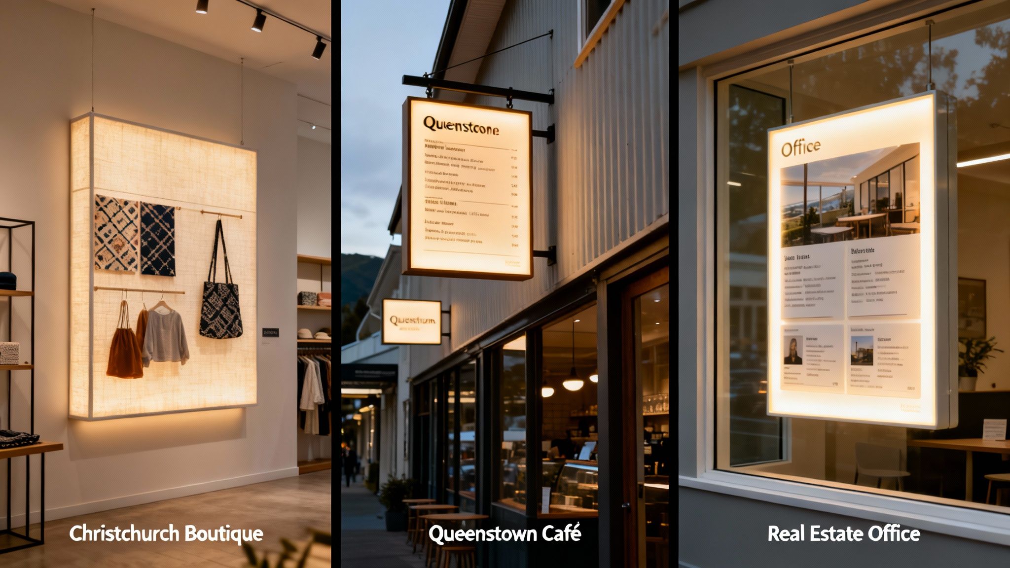 Three images show illuminated light boxes in a boutique, cafe, and real estate office, showcasing versatile displays.