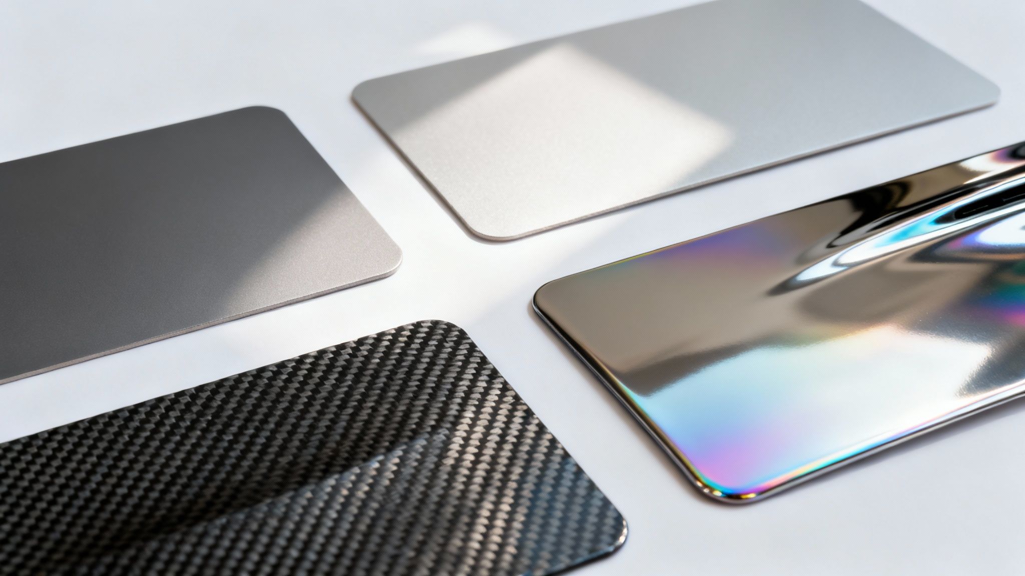 Four material samples for car wraps: matte gray, silver, carbon fiber, and iridescent chrome.