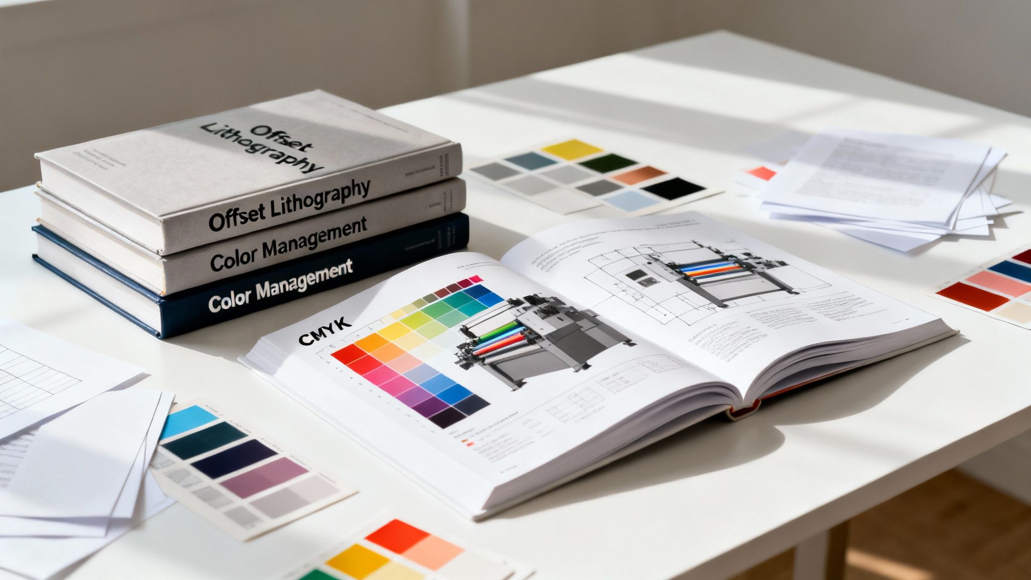 Books on printing and color management, an open book with CMYK chart, and color swatches on a desk.