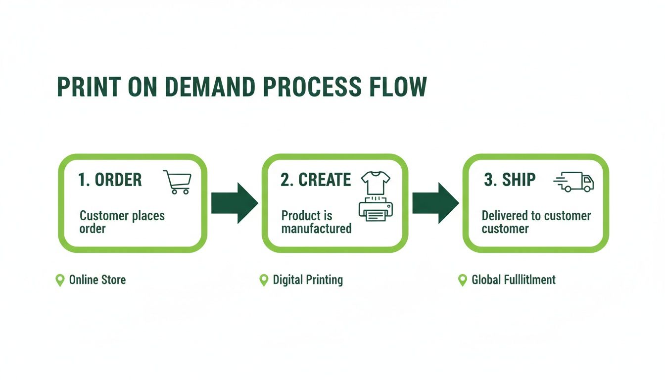A diagram illustrating the print on demand process flow: Order, Create, and Ship.