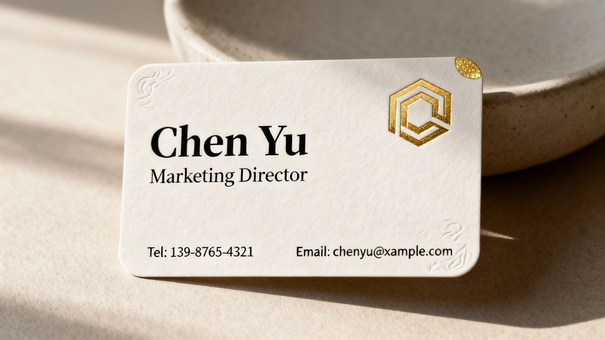 A professional business card for Chen Yu, Marketing Director, with contact details and an elegant gold logo.
