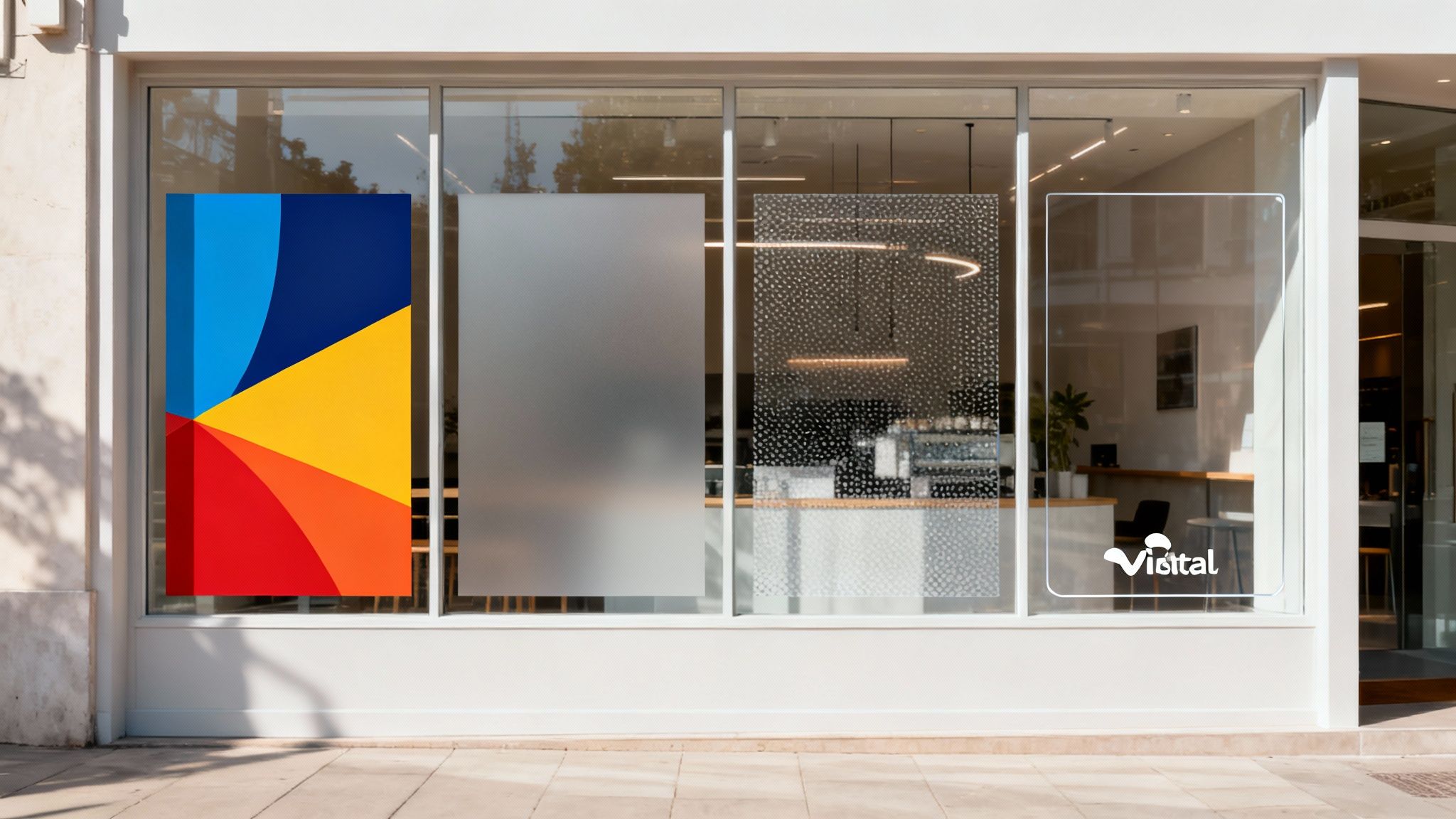 A close-up shot of a vibrant window decal on a modern storefront glass door.