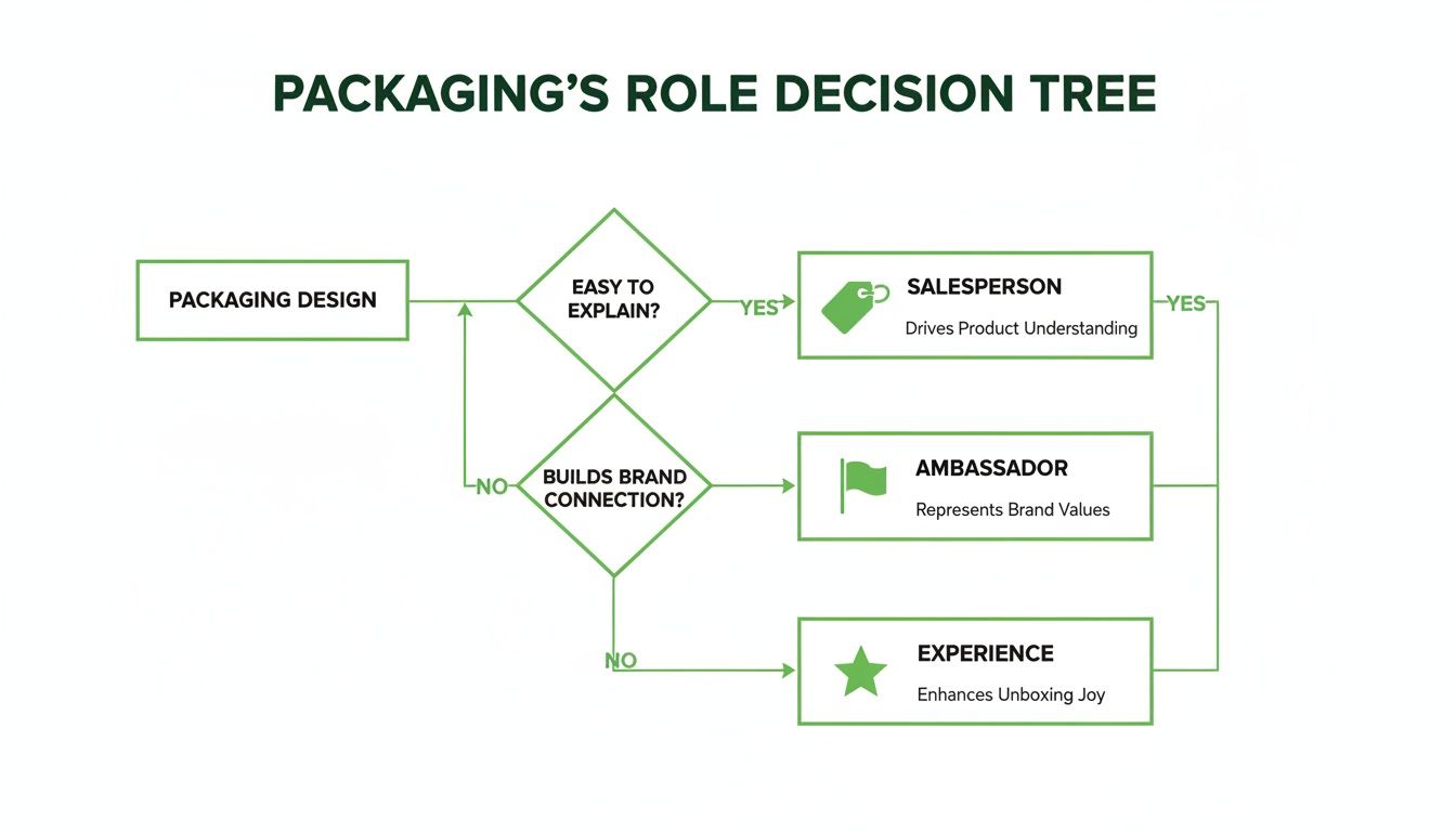 Decision tree illustrating how packaging design can act as a salesperson, ambassador, or experience.