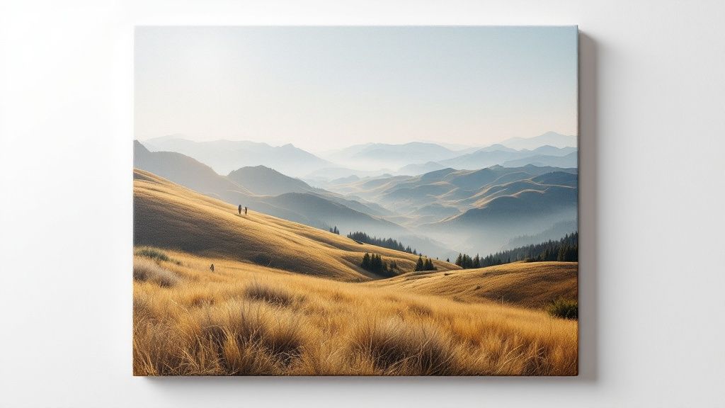 A collection of beautiful canvas prints hanging on a modern, dark grey wall.