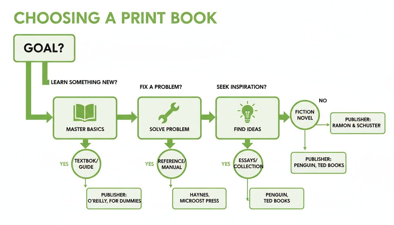 Flowchart guiding book choice based on reader goals, leading to specific book types and publishers.