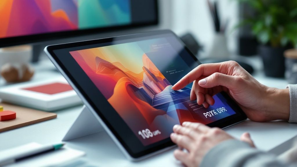 A graphic designer's desk with a computer monitor showing a poster design, with colour swatches and rulers visible.