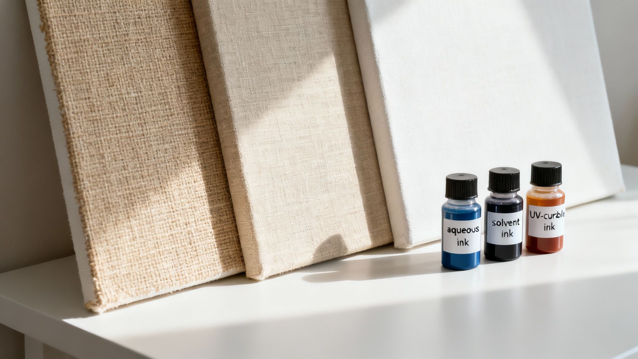 A close-up of different textured canvas rolls ready for printing