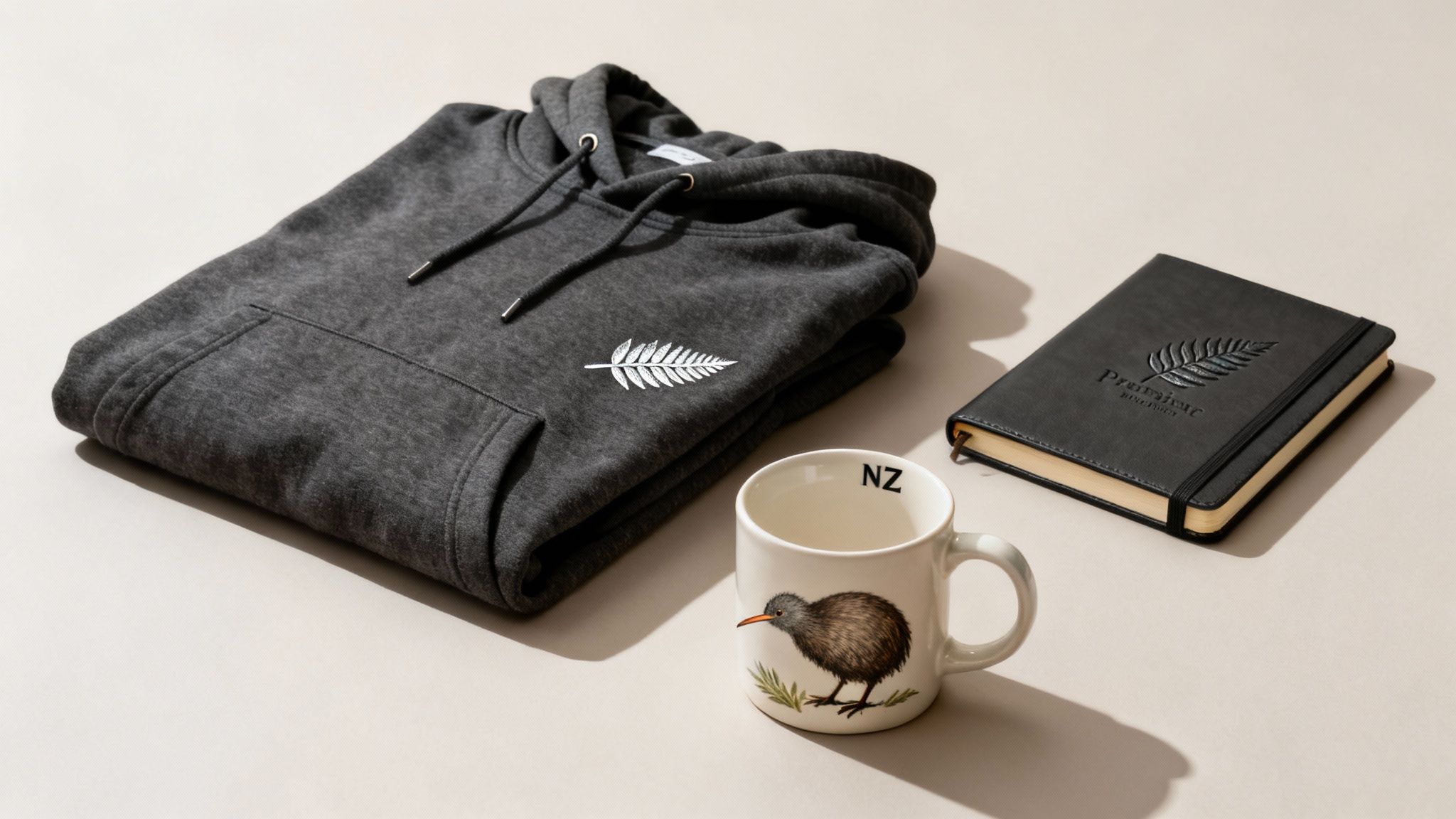 New Zealand themed merchandise: a grey hoodie with a silver fern, a black notebook, and a kiwi bird mug.