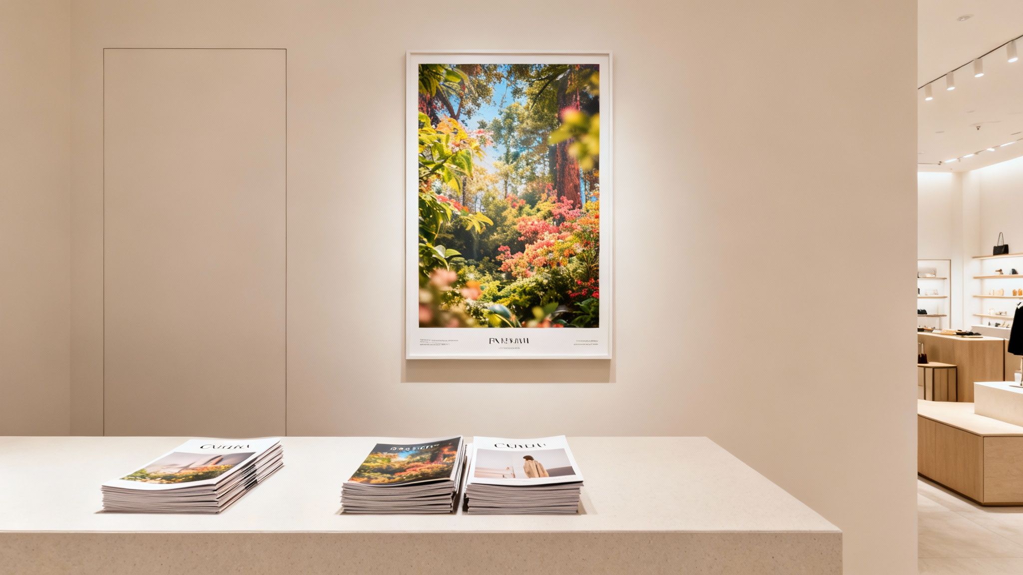 A vibrant framed forest print with pink flowers hangs on a light wall above magazines in a modern store.