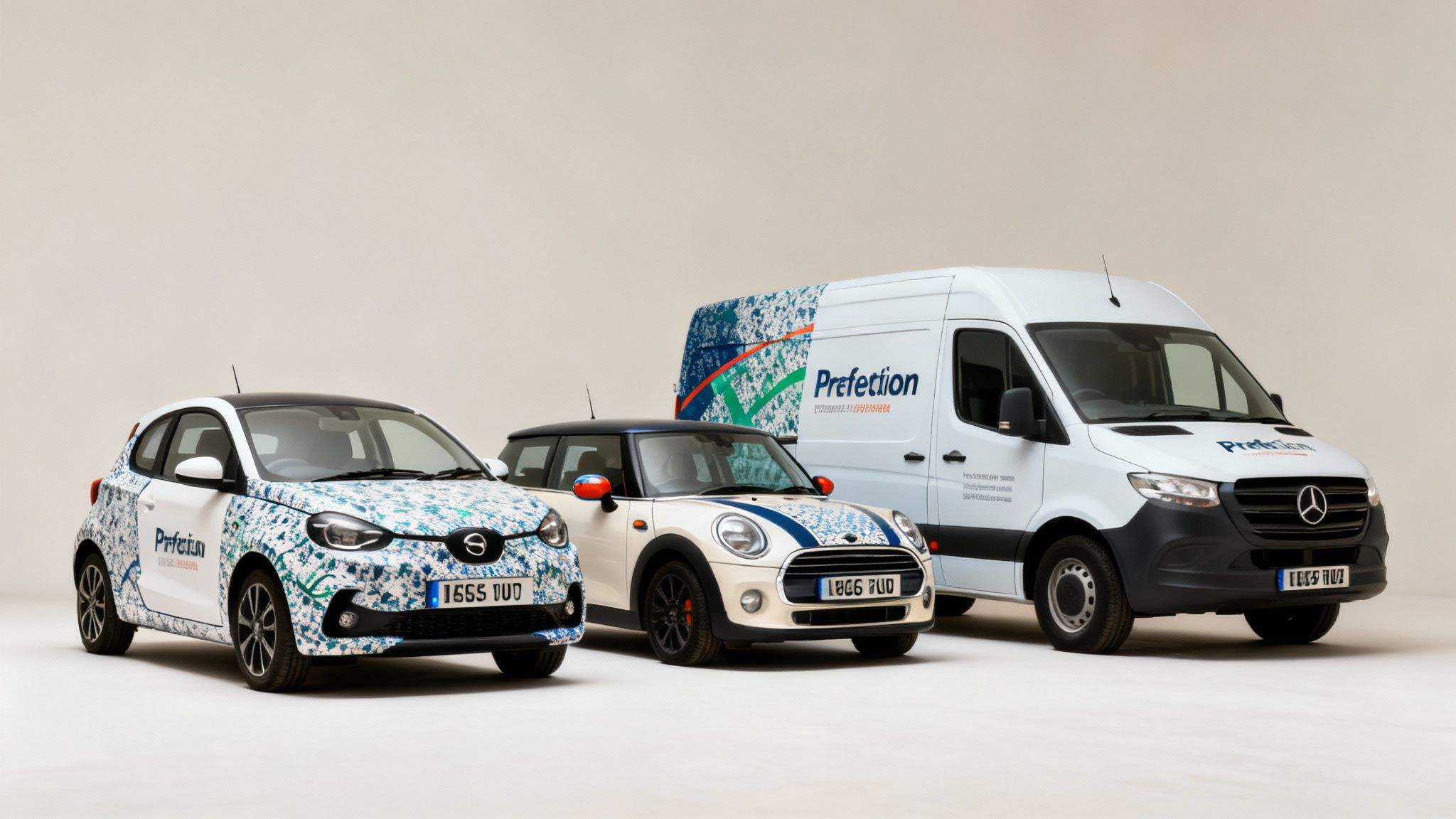 Three brand-wrapped vehicles, including a hatchback, Mini Cooper, and delivery van, showcasing Prefaction branding.