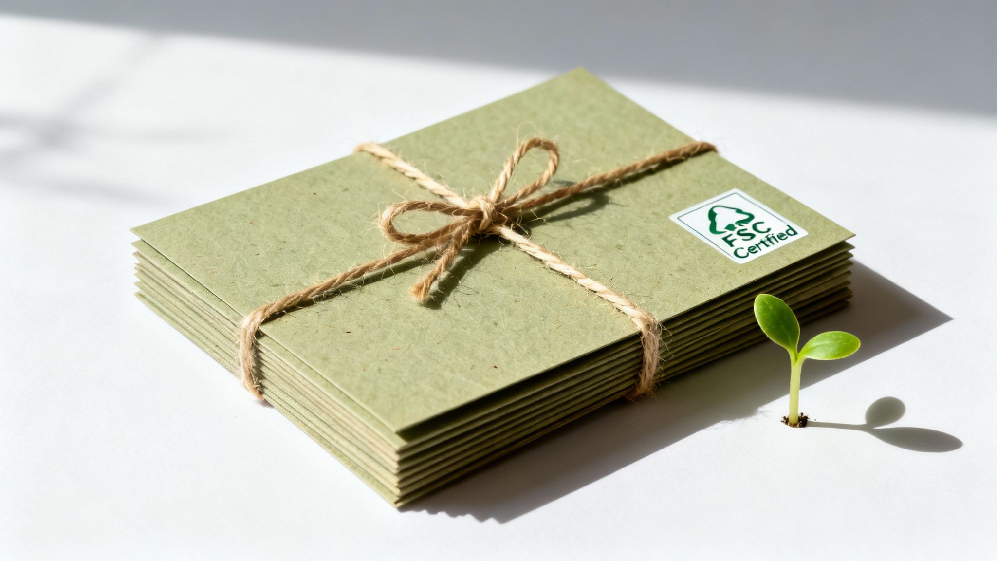 Stack of green FSC certified cards tied with twine, next to a fresh green seedling.