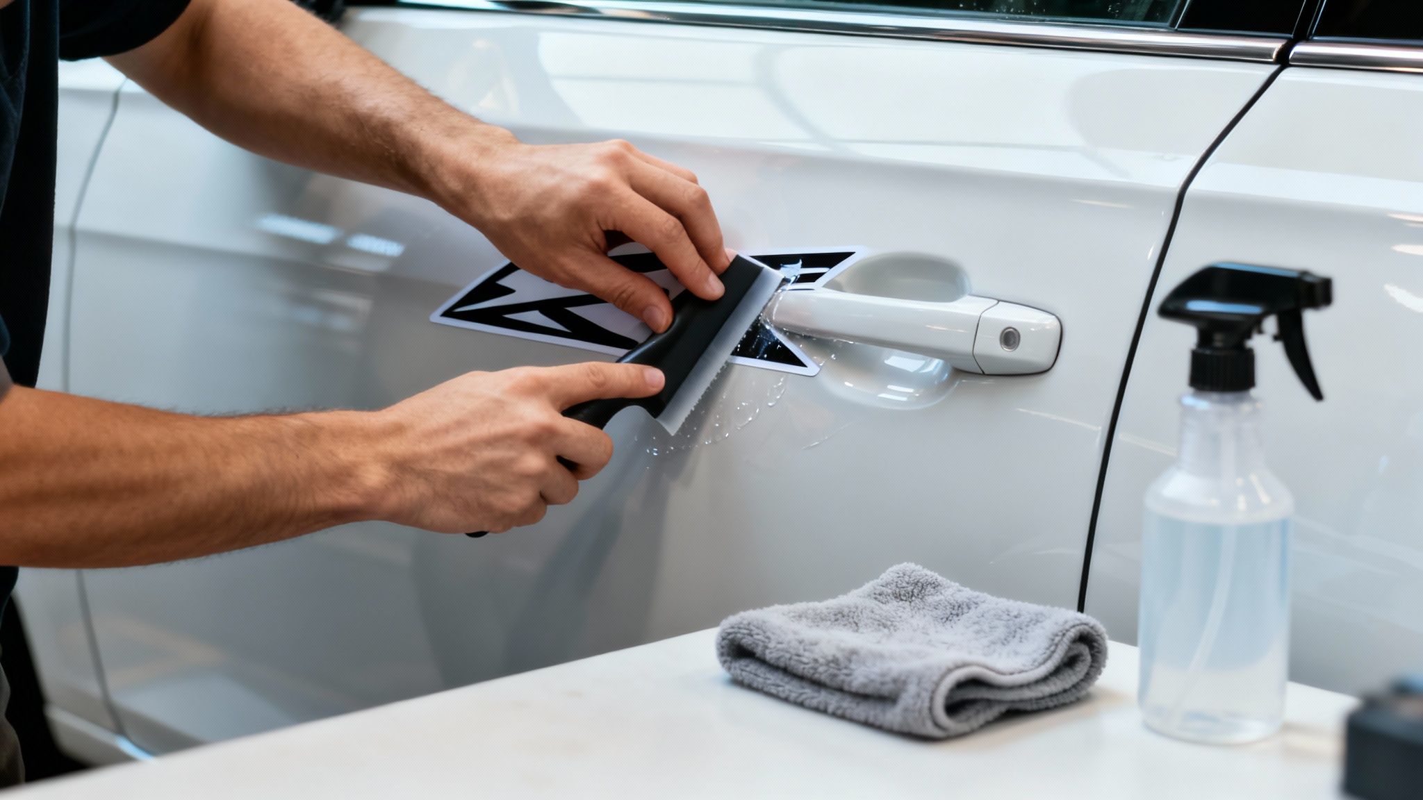 A person carefully applying a vinyl sticker to a clean surface