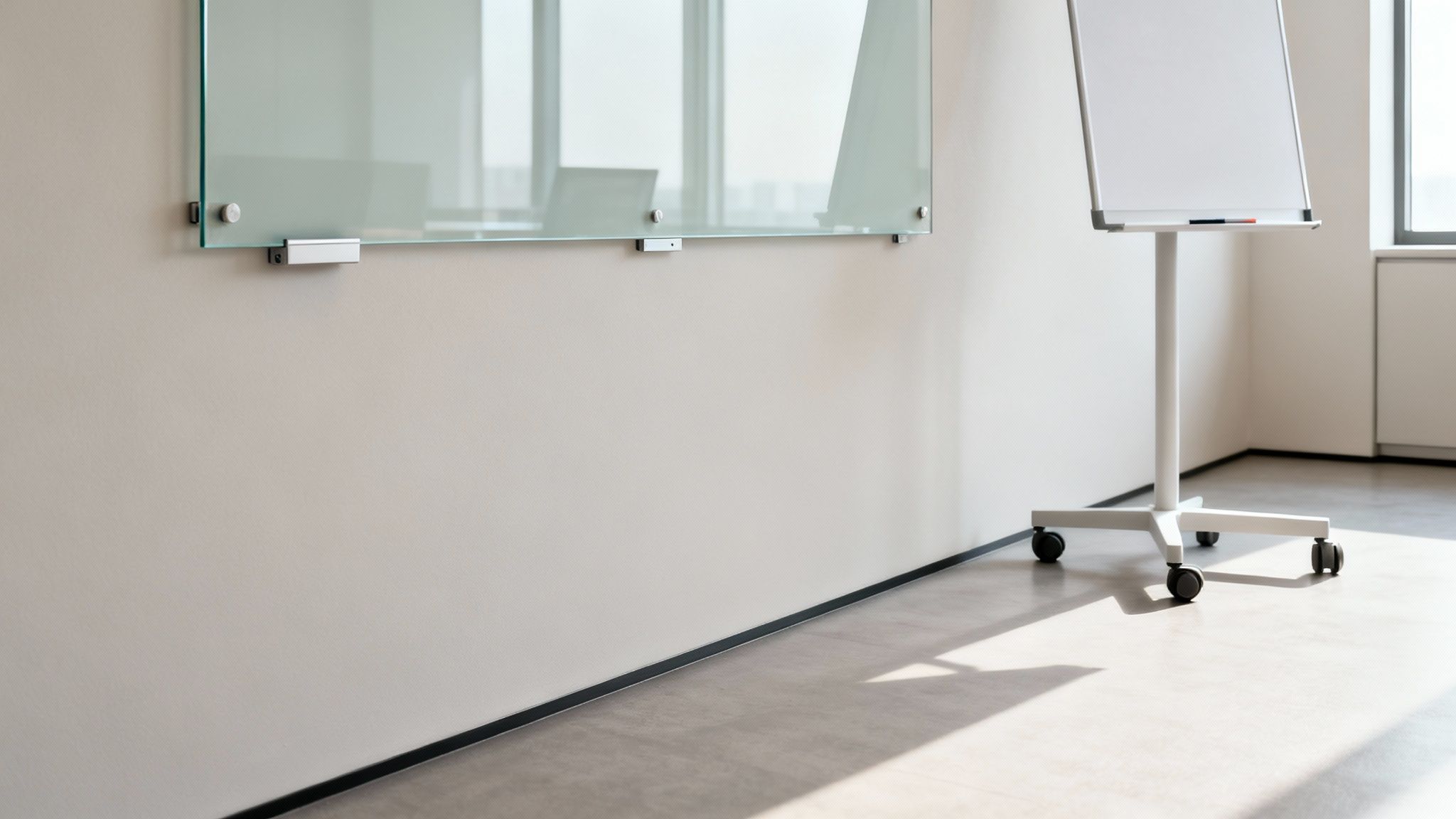 A modern, sunlit office space featuring a large glass magnetic board and a portable whiteboard on wheels.