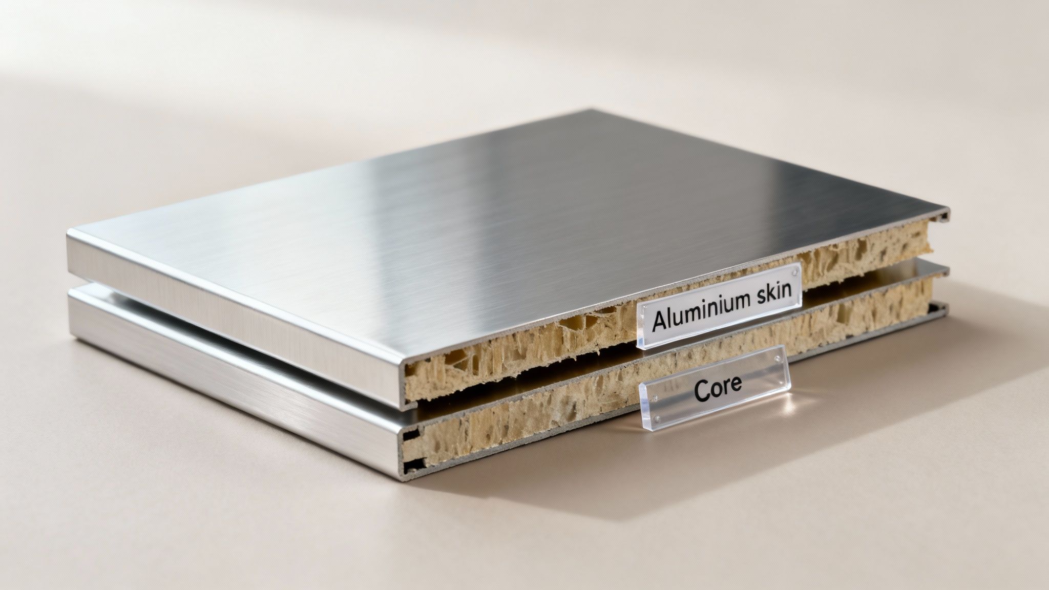 Two cut-out samples of aluminum composite material with exposed honeycomb core and labels.