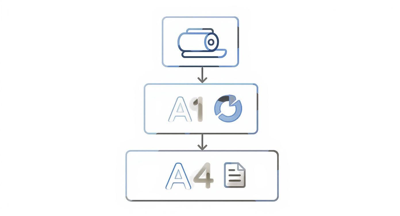 Workflow diagram showing document processing from training data through AI transformation to formatted output