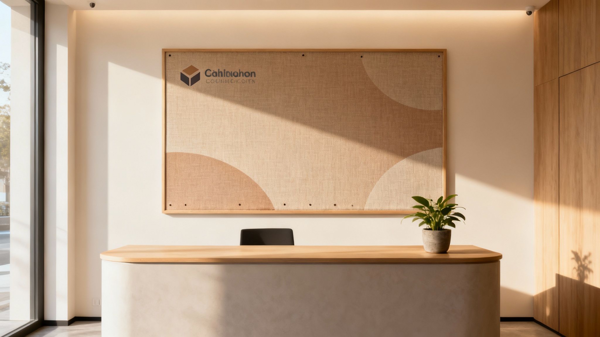 A custom printed pin board displaying a company's logo in a modern office reception area.