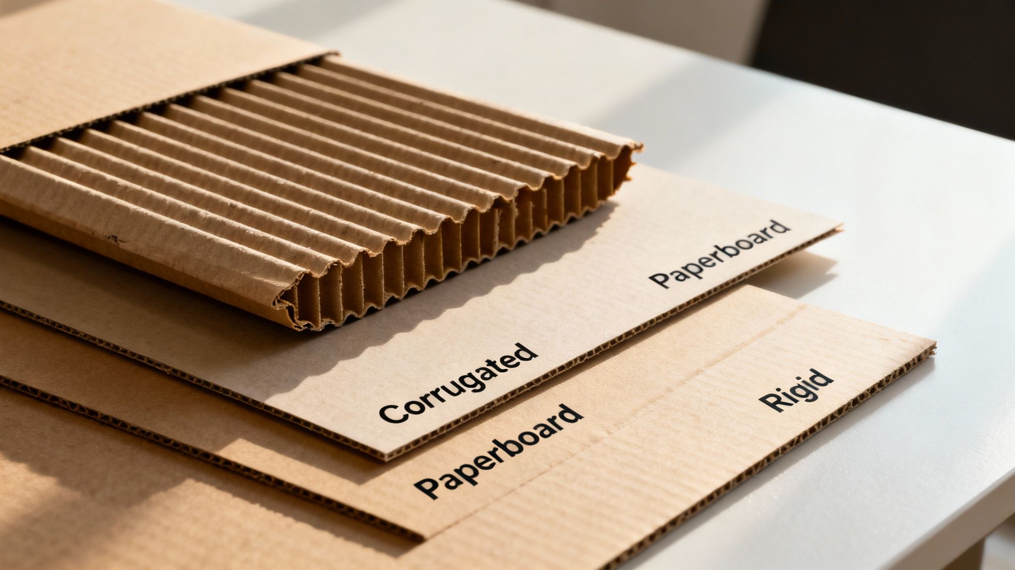 Close-up of three types of brown cardboard packaging: corrugated, paperboard, and rigid, stacked on a white table.