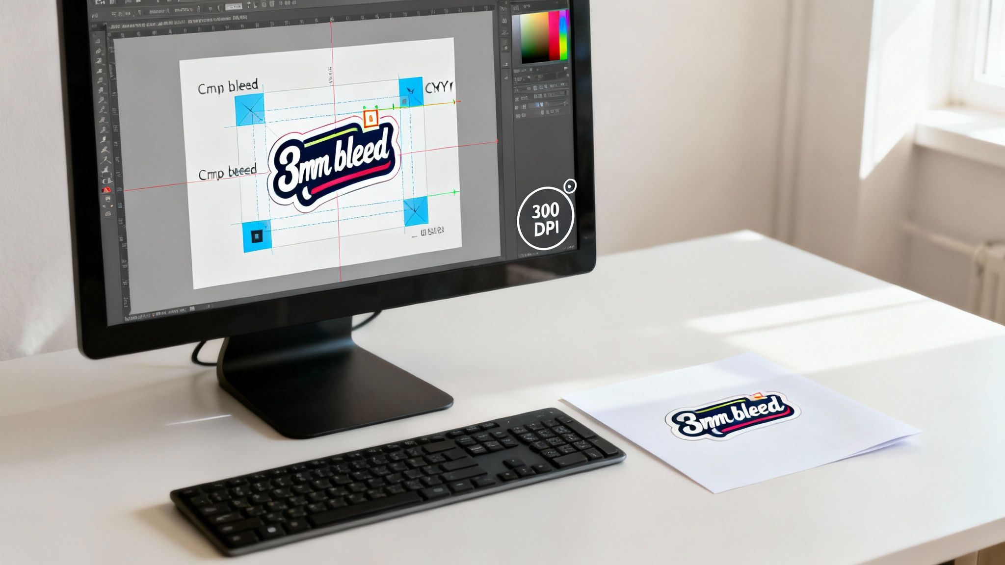 Computer screen displaying a '3mm bleed' sticker design in graphic software, beside a printed sticker.