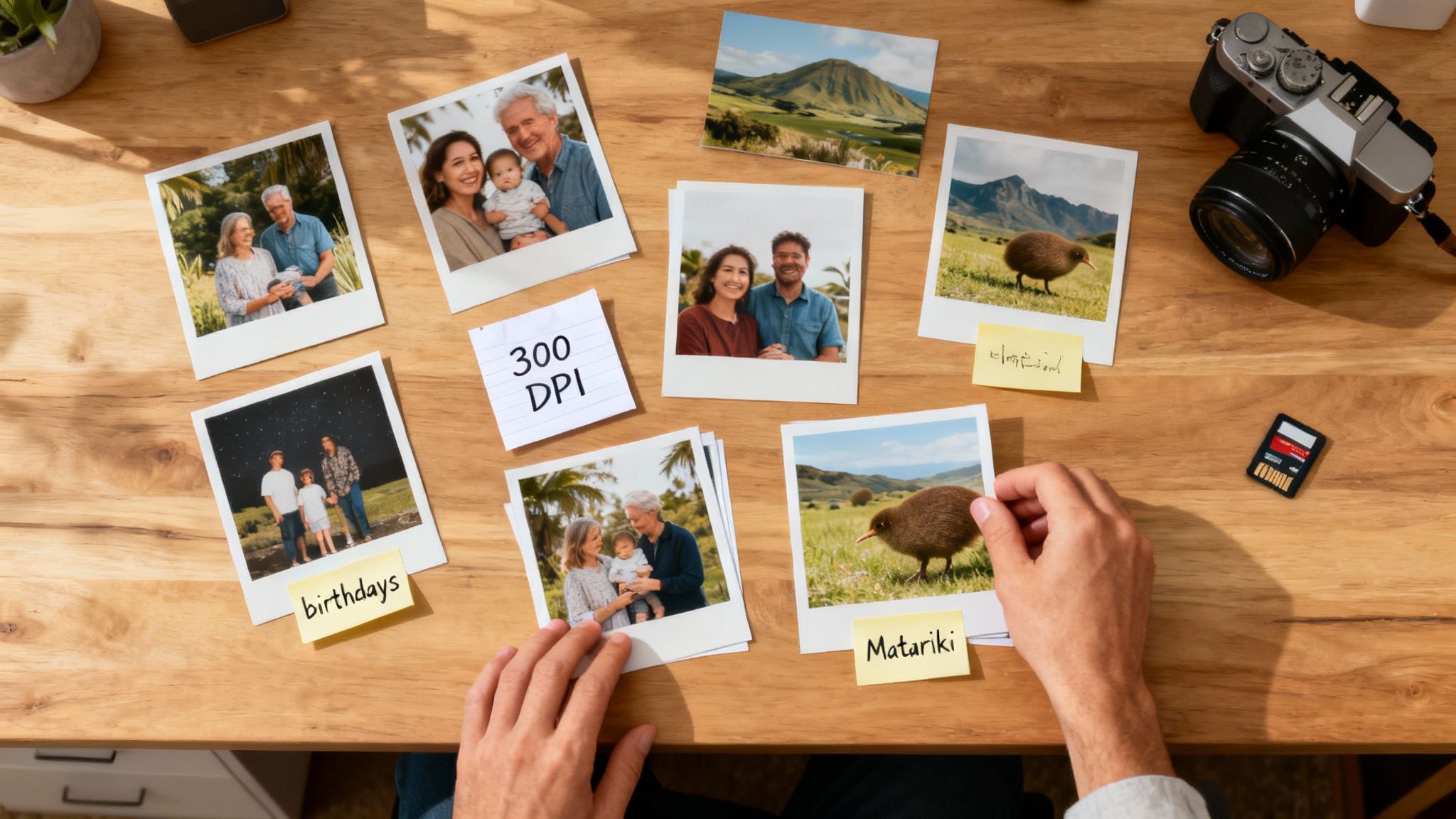 A collection of high-resolution photos spread out on a table, ready for a calendar project.