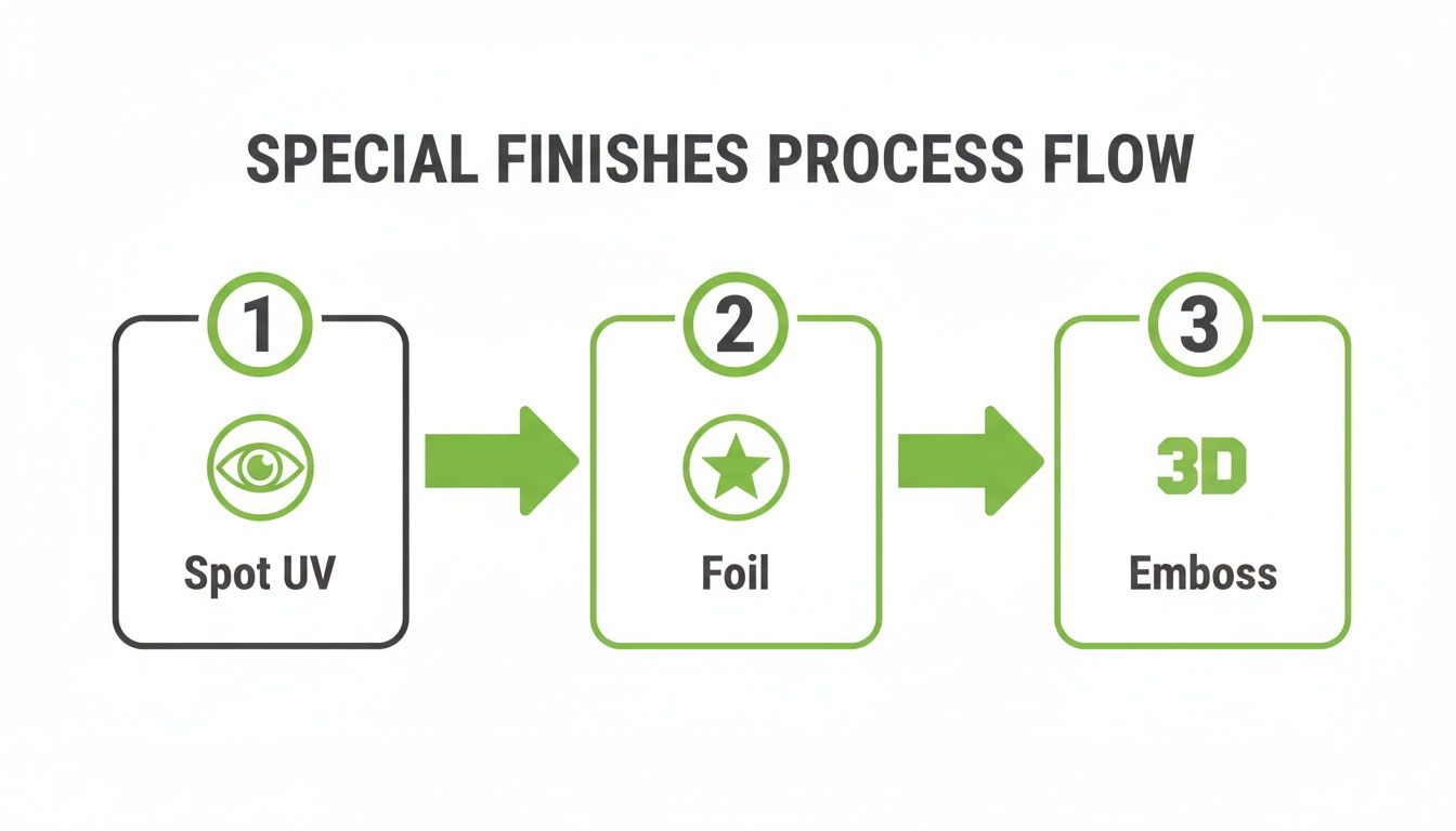 A process flow diagram illustrating special printing finishes: Spot UV, Foil, and 3D Emboss.