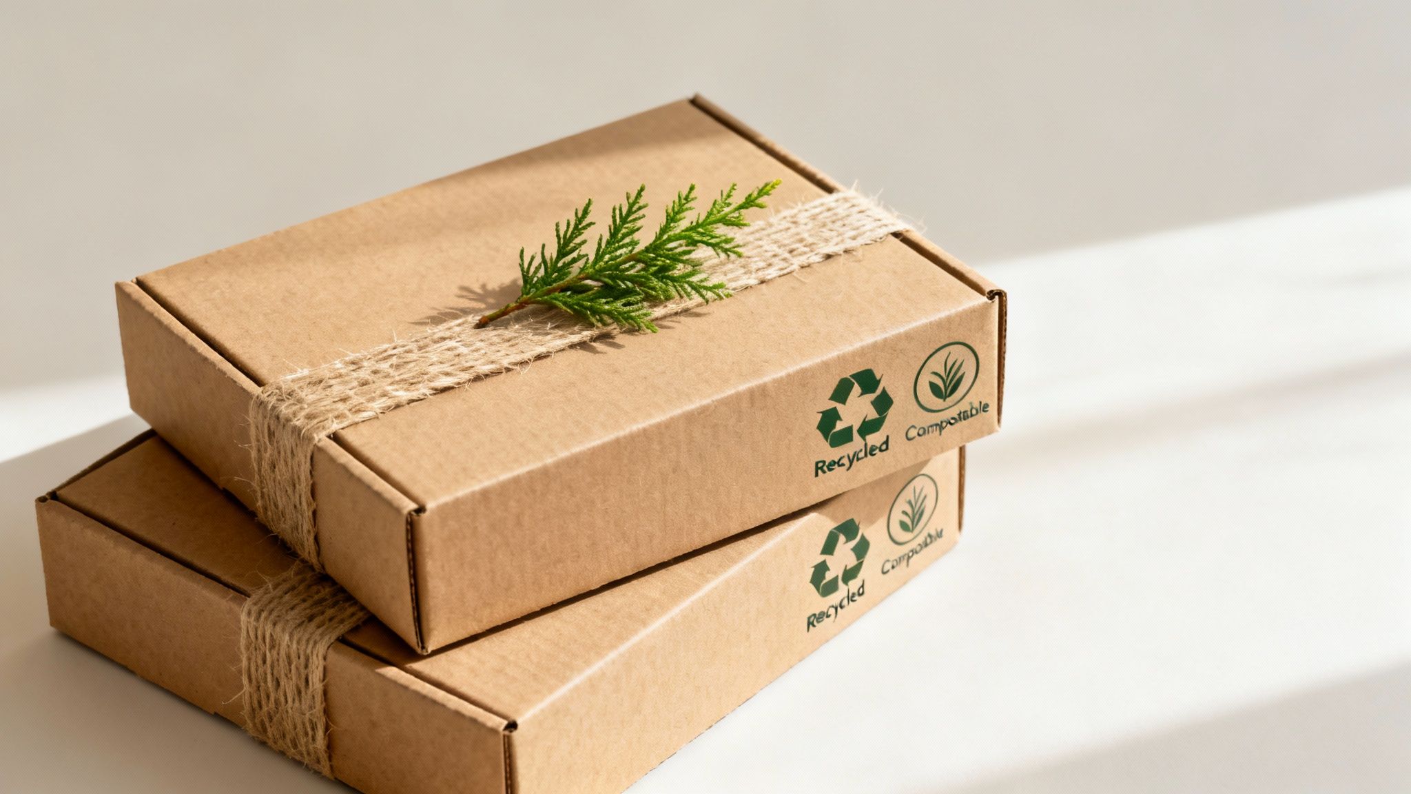 Two eco-friendly recycled and compostable cardboard boxes tied with twine and a green branch.