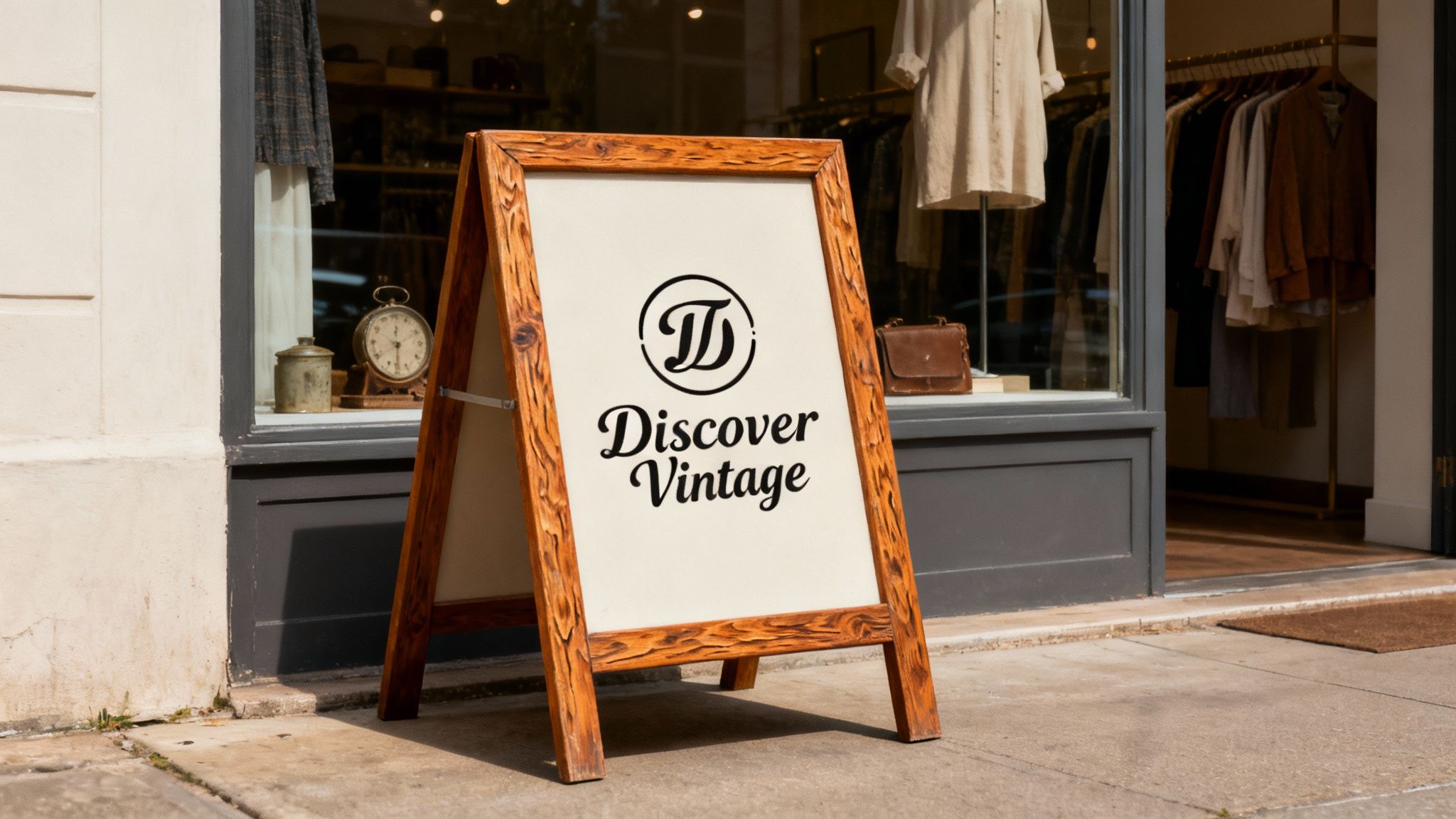 A wooden A-frame sign in front of a vintage clothing store, displaying 'Discover Vintage'.