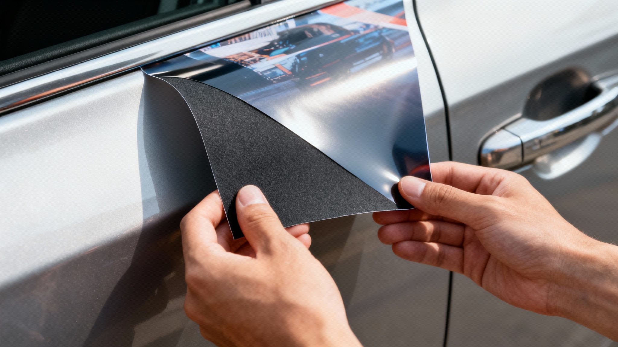 An image of a close-up of a vehicle magnetic sign, showing the material texture and thickness.