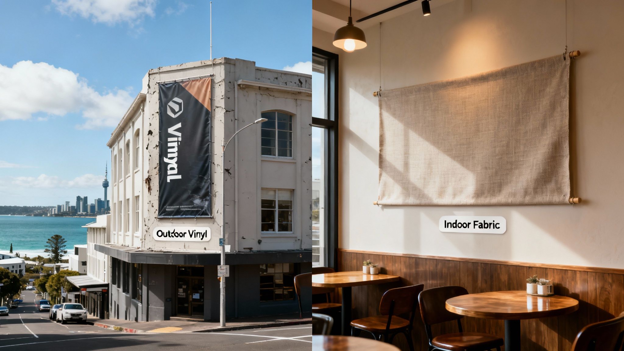 Two images: one of an outdoor vinyl banner on a building, the other an indoor fabric banner in a cafe.