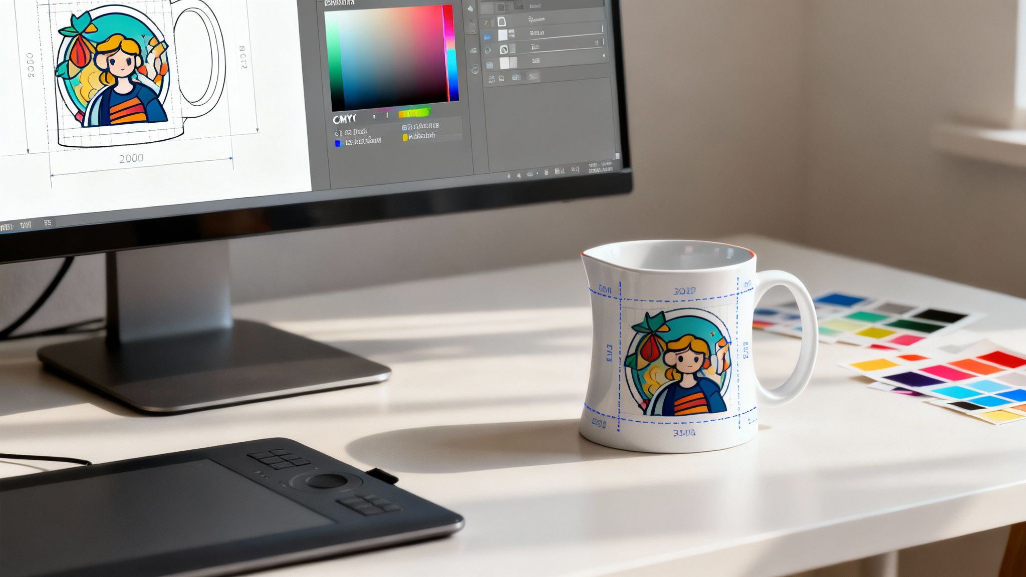 A graphic designer reviewing artwork on a computer screen for a mug print.