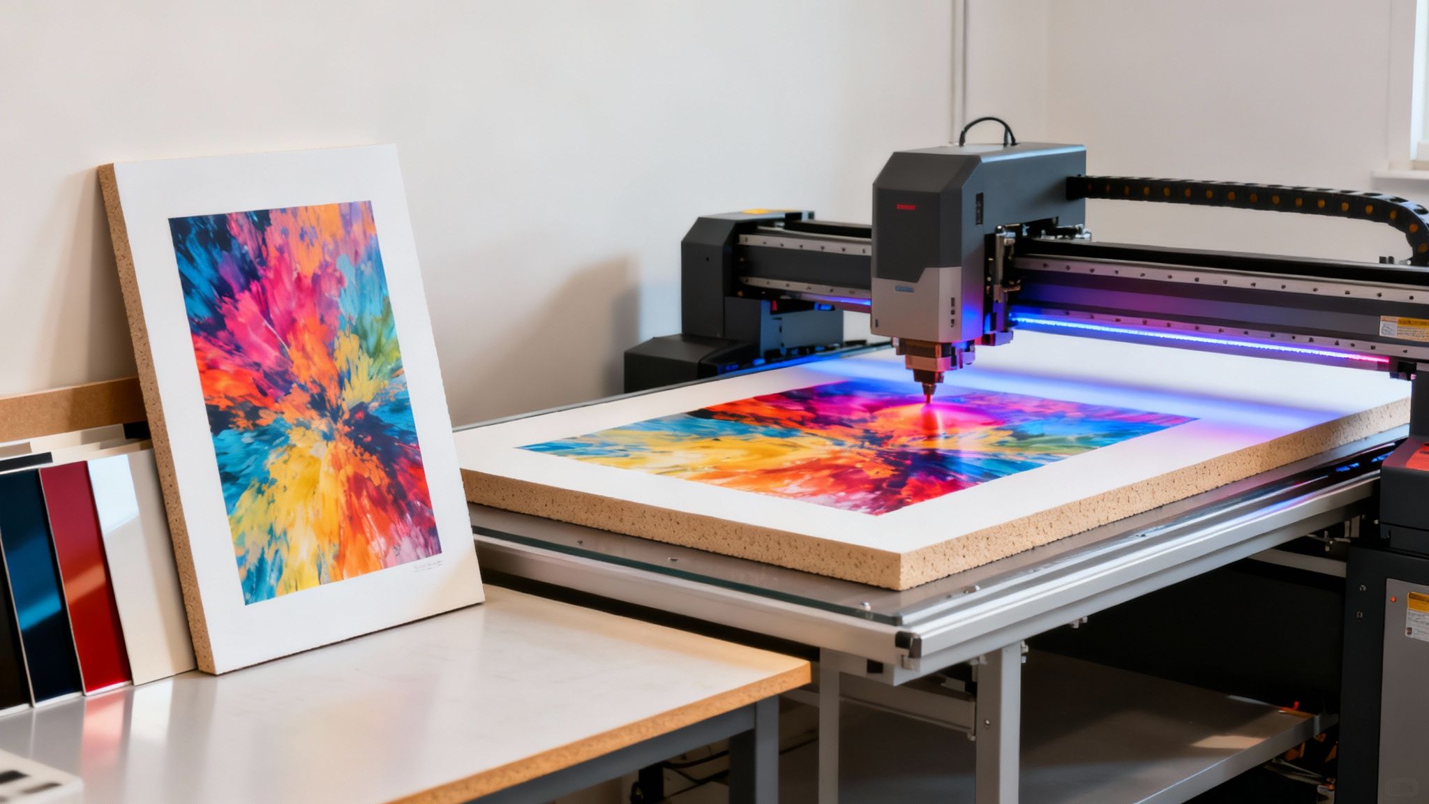 UV flatbed printer producing vibrant colorful abstract art print on foam core board material