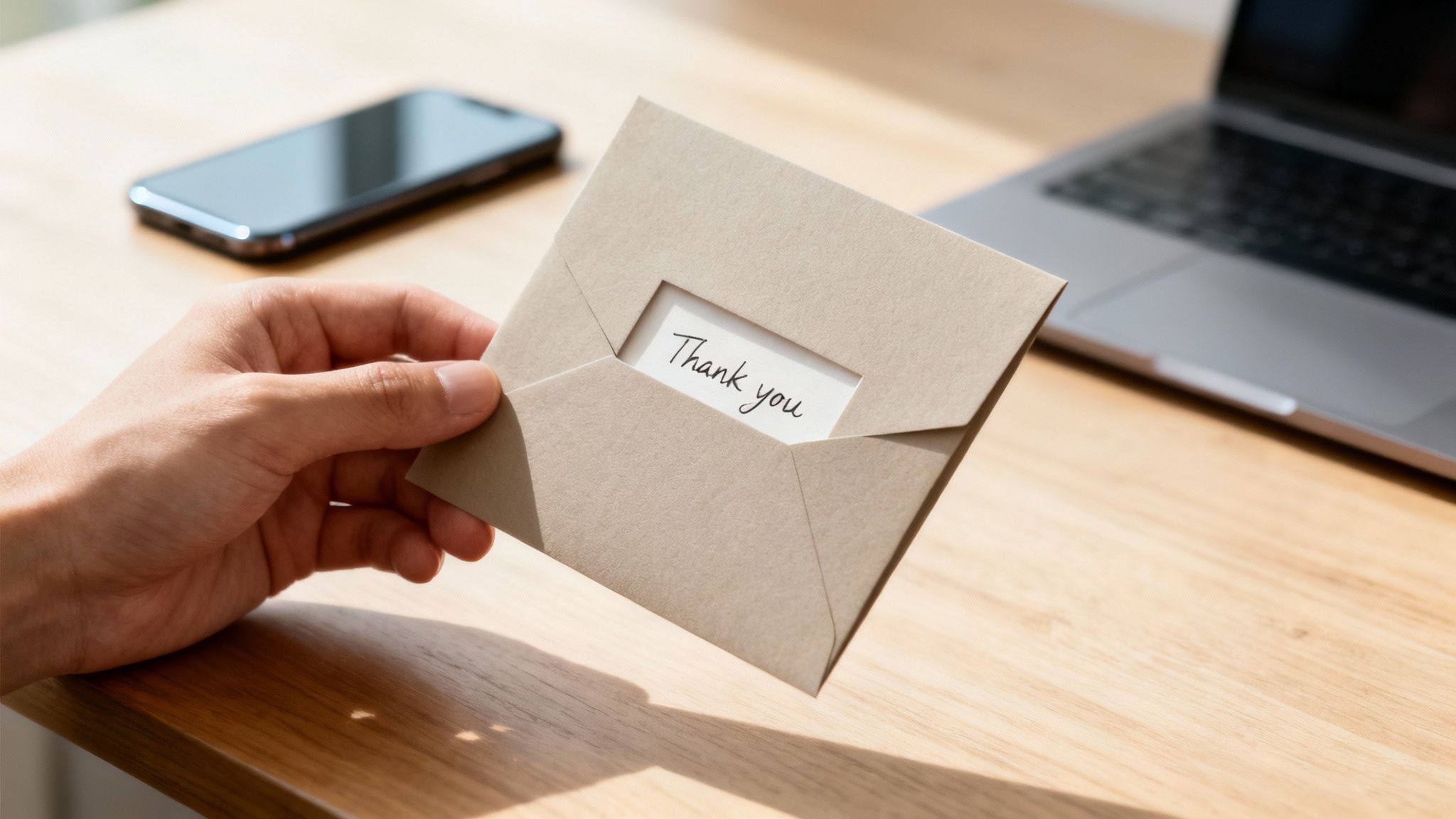 A hand holds a 'Thank you' card visible through a window in a brown envelope on a wooden desk.