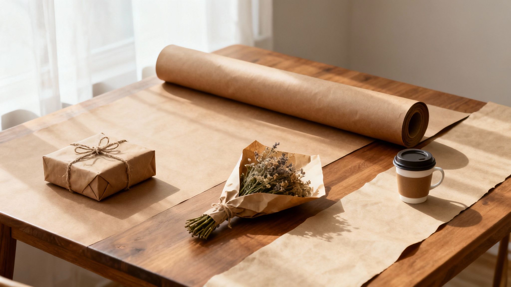 A wooden table with brown wrapping paper, a gift box, dried flower bouquet, and a coffee cup.