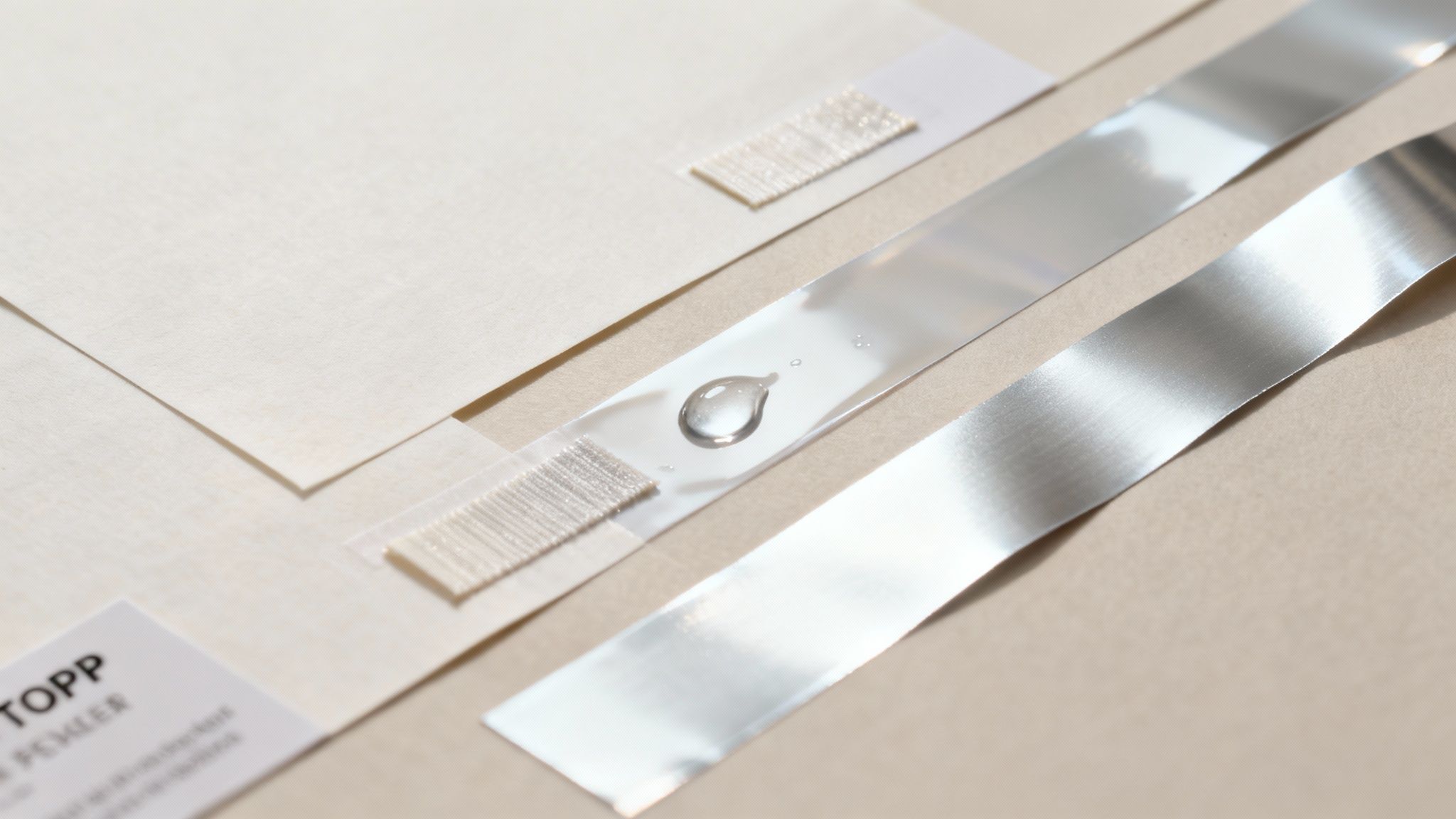 A close-up shot of different label materials and finishes being inspected.