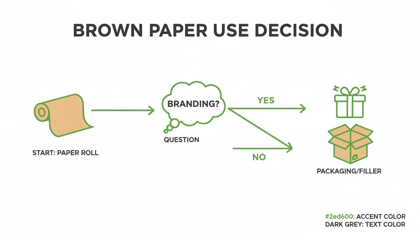 Flowchart illustrating the decision process for brown paper use: branding leads to gifts, otherwise it's for packaging.