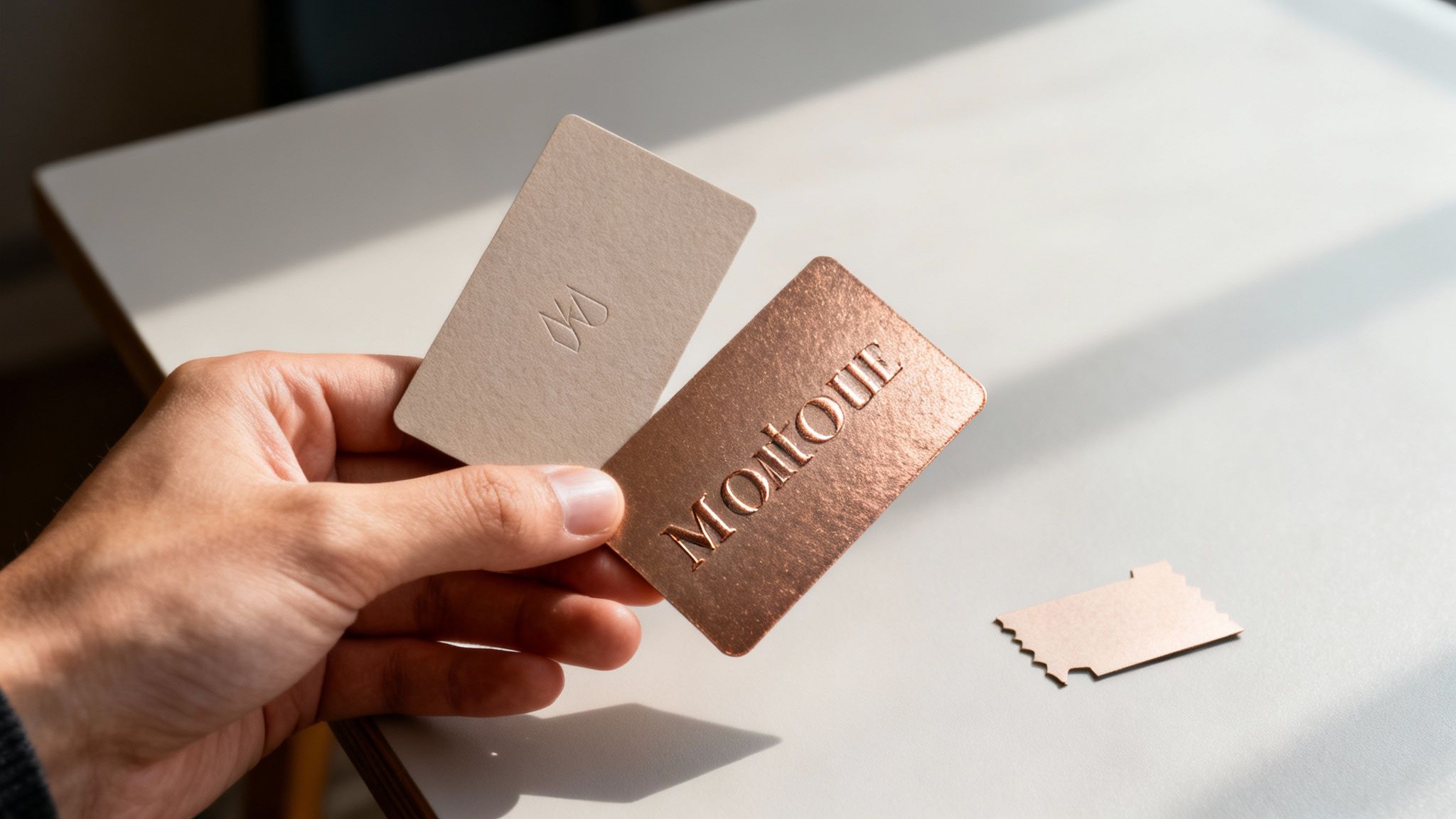 A hand holds two luxurious business cards, one beige with a logo and another copper with embossed text.