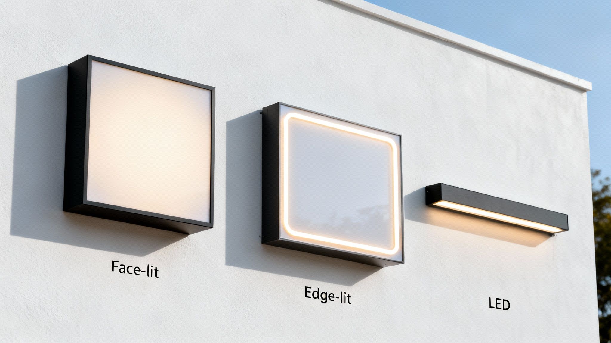 Three modern illuminated signs: face-lit, edge-lit, and LED, mounted on a white wall.