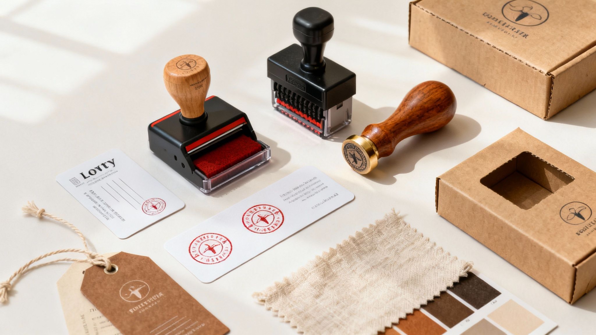 A person's hands holding different types of customised stamps over a wooden desk with craft paper.
