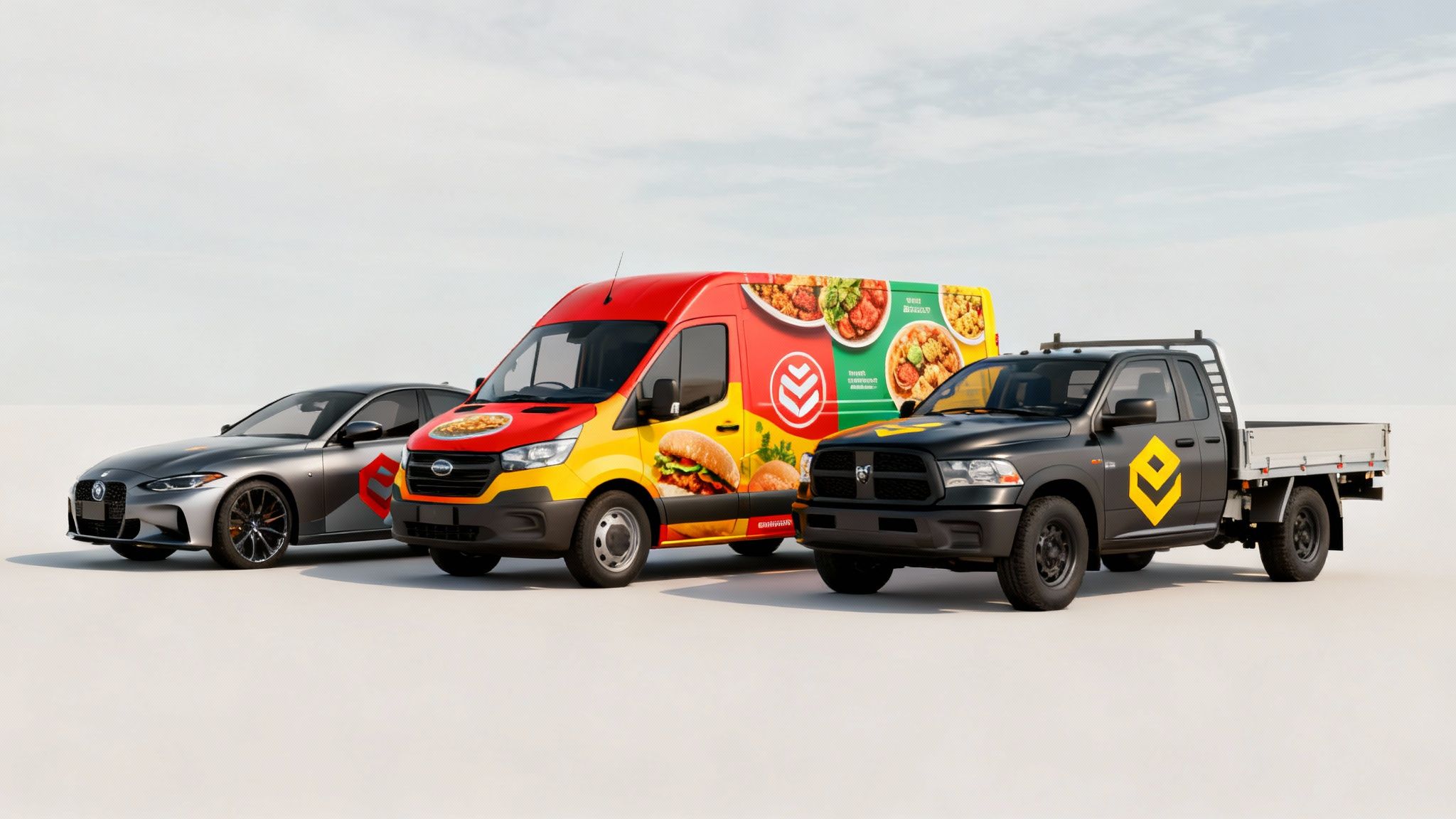 Three custom-wrapped vehicles: a gray sedan, a colorful food delivery van, and a black flatbed truck.