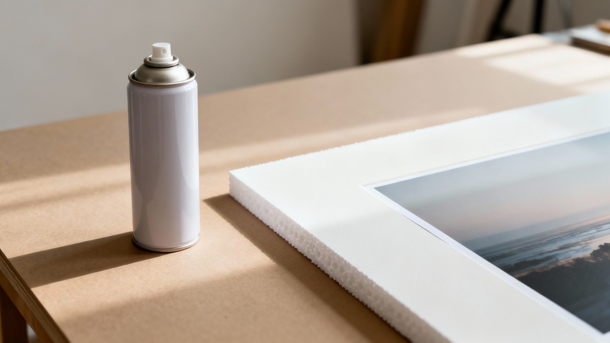 A white spray adhesive can stands on a brown table next to a matted seascape print.