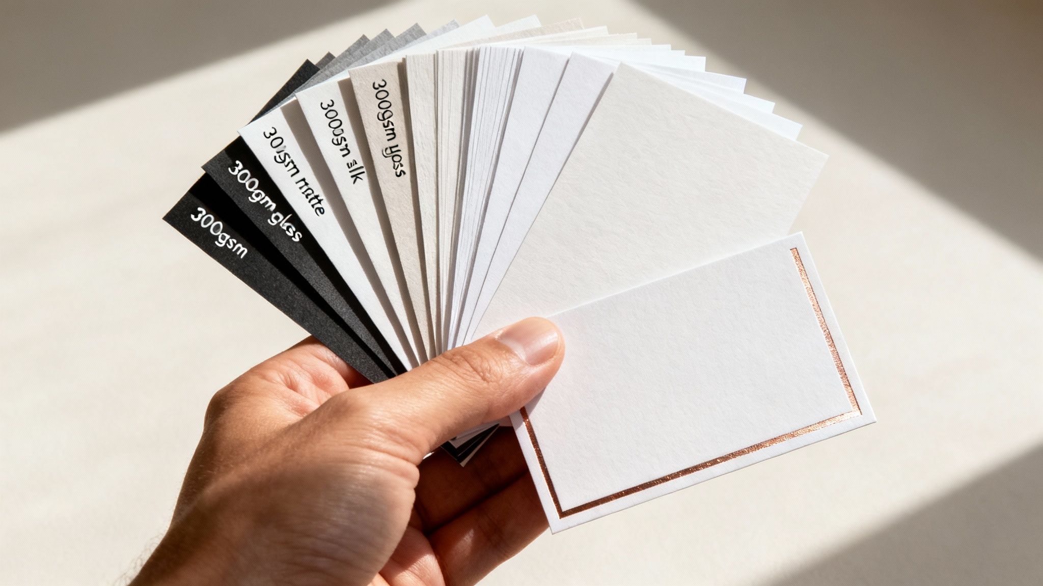 A selection of colourful paper stock samples fanned out