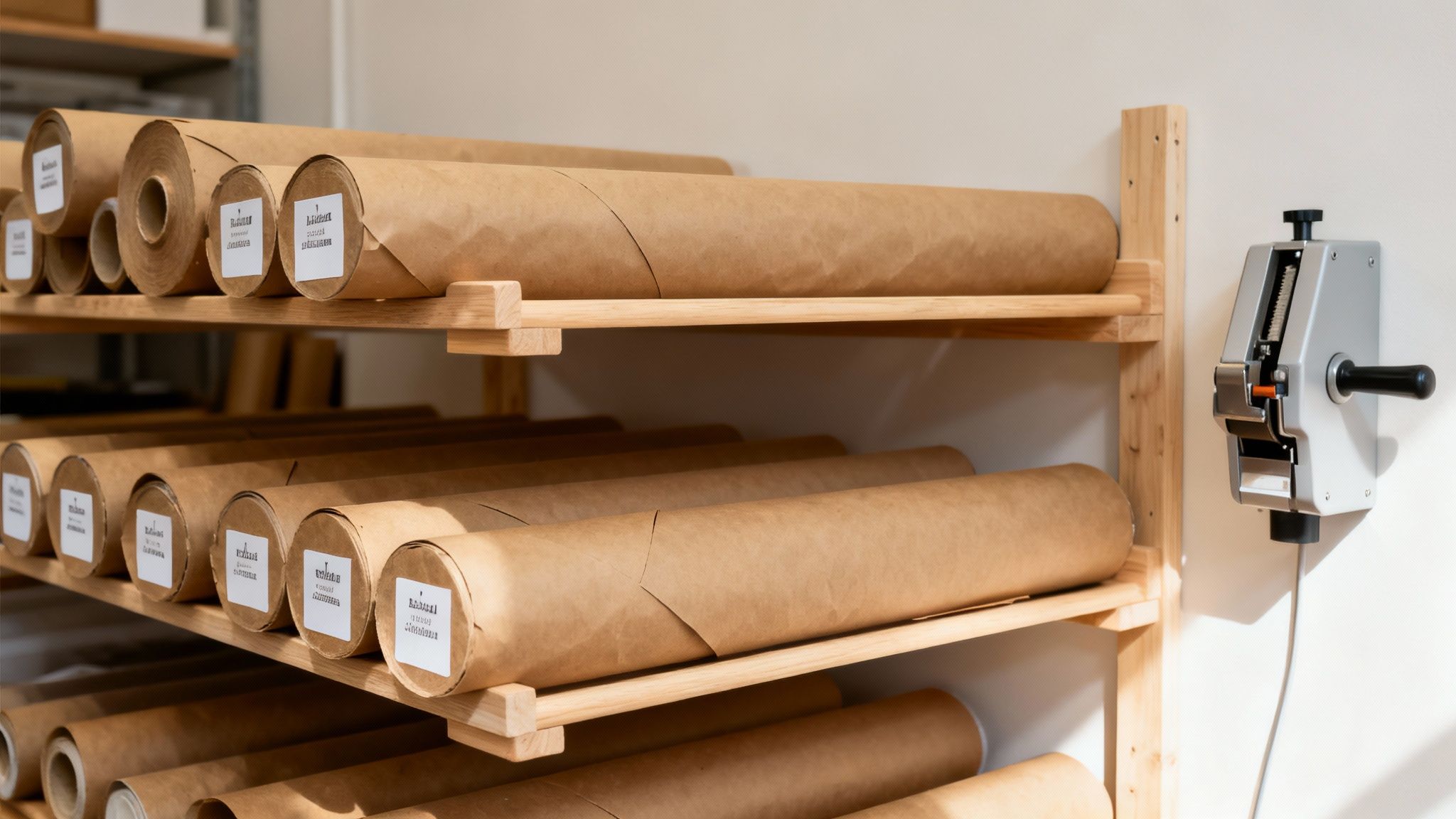 Rows of brown kraft paper rolls are neatly stacked on light wooden shelves, beside a tape dispenser.