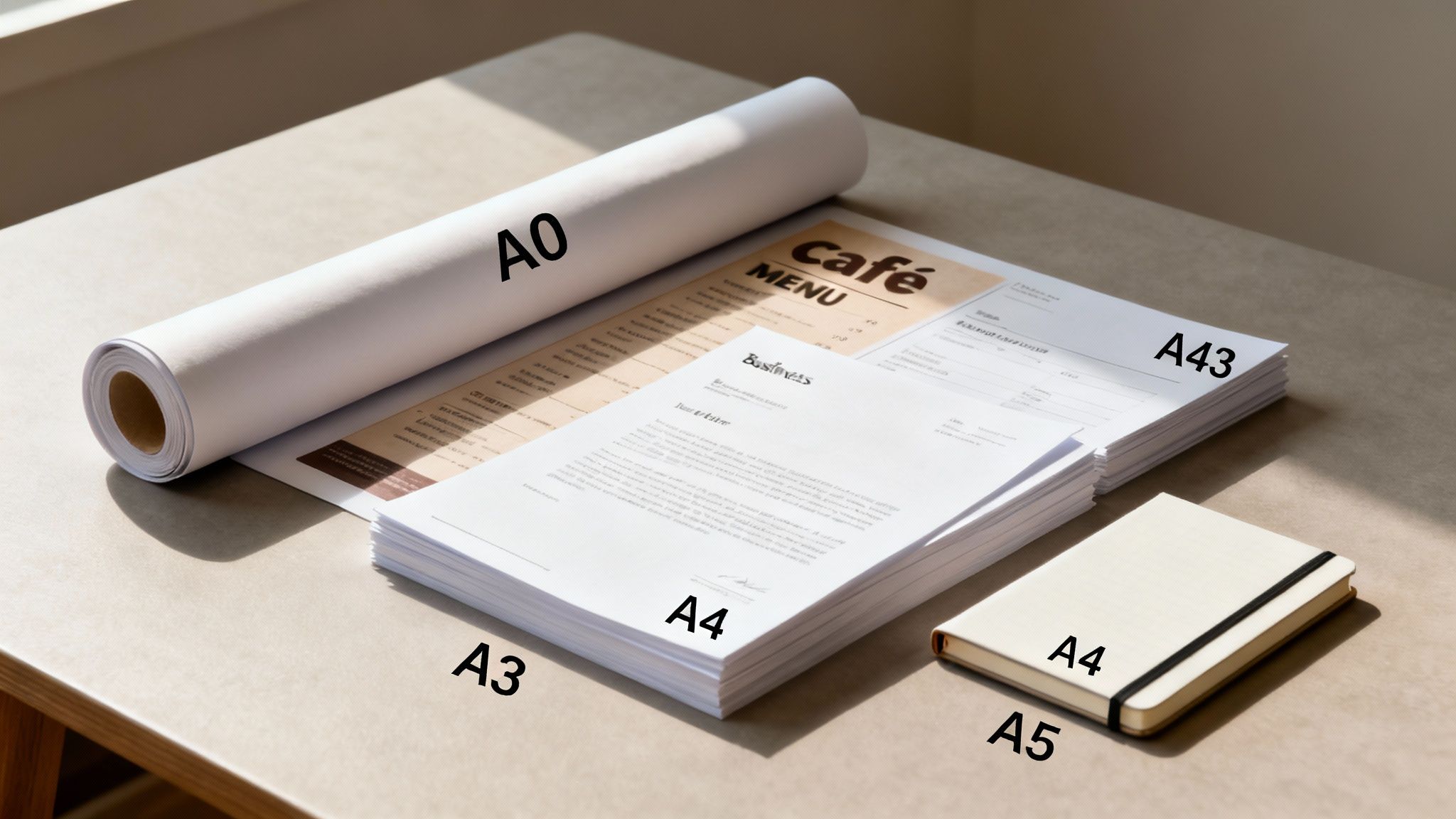 Comparison of standard paper sizes from A0 to A5 displayed on desk with cafe menu