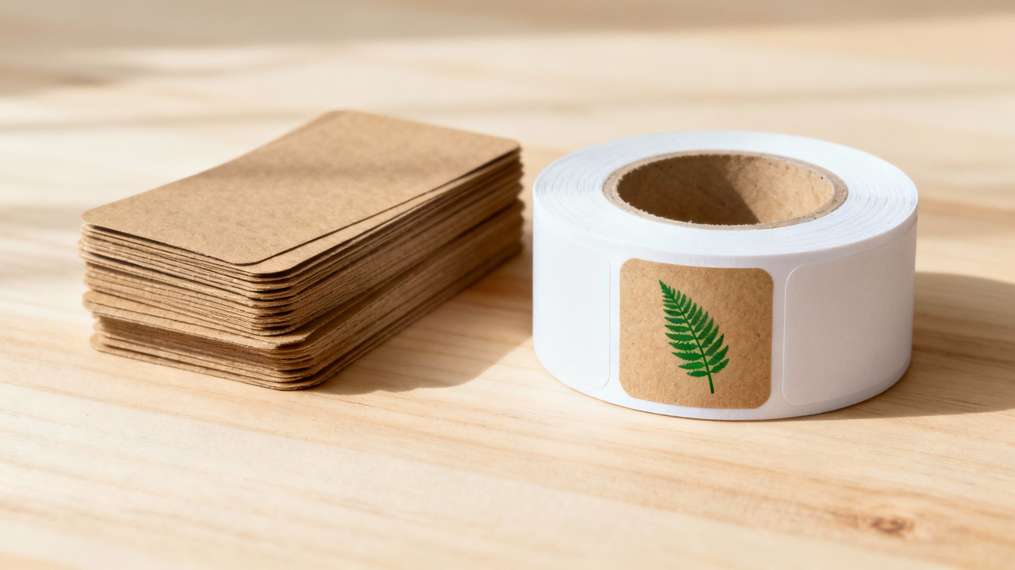 A roll of eco-friendly labels being printed, showing green leaf icons and modern design.