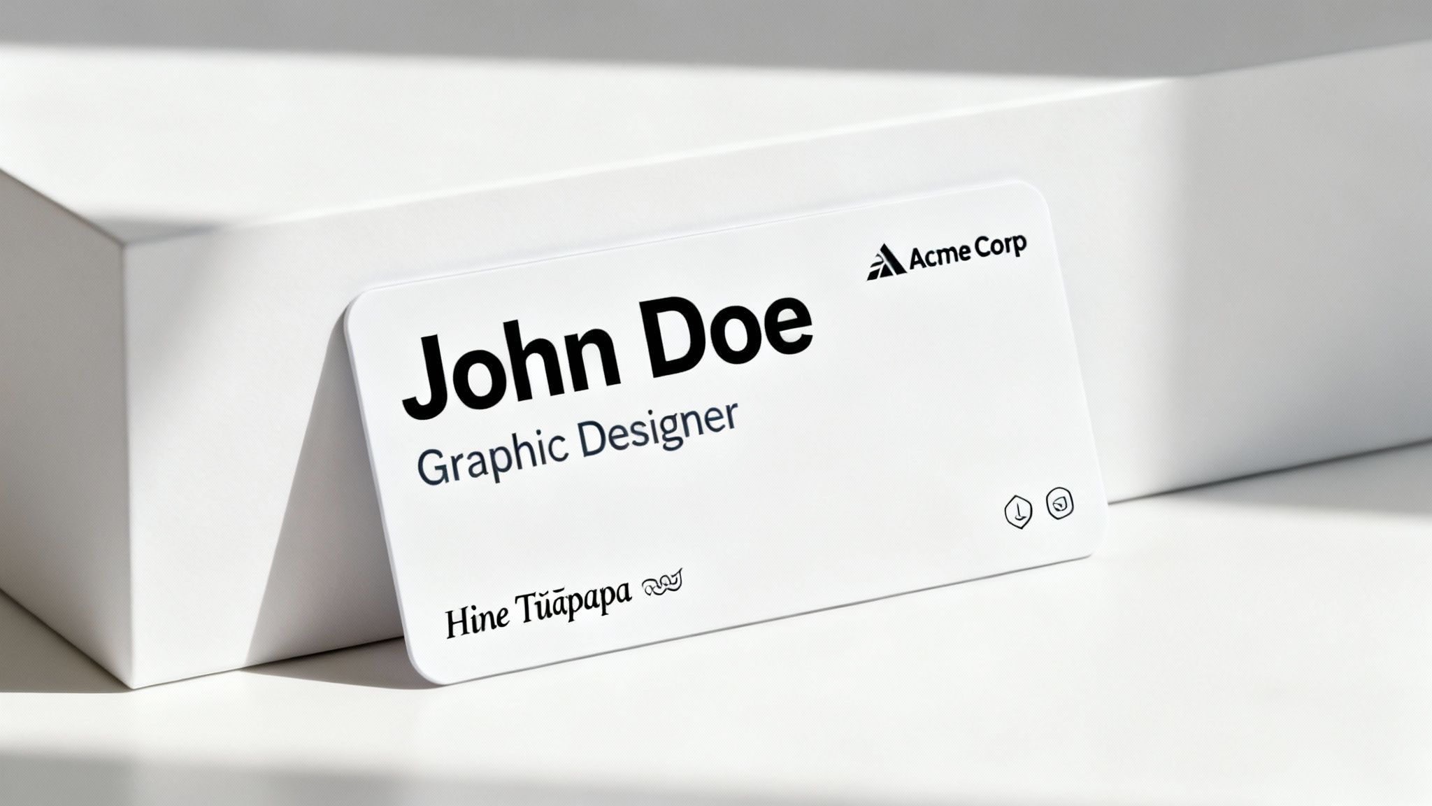 Modern white name tag for John Doe, Graphic Designer at Acme Corp, on a bright background.