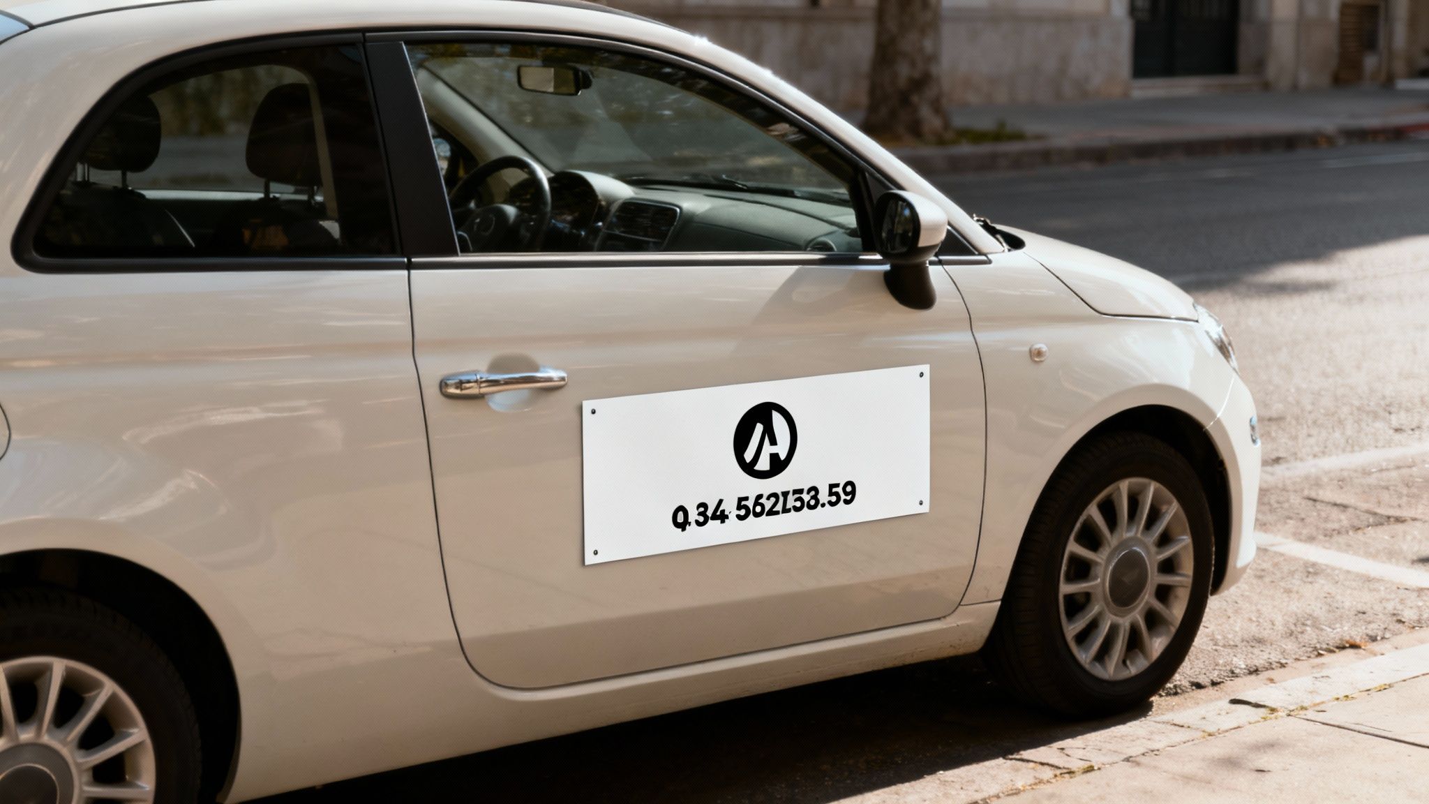 An image of a branded vehicle magnetic sign on a white car door, showcasing a company logo and contact details.