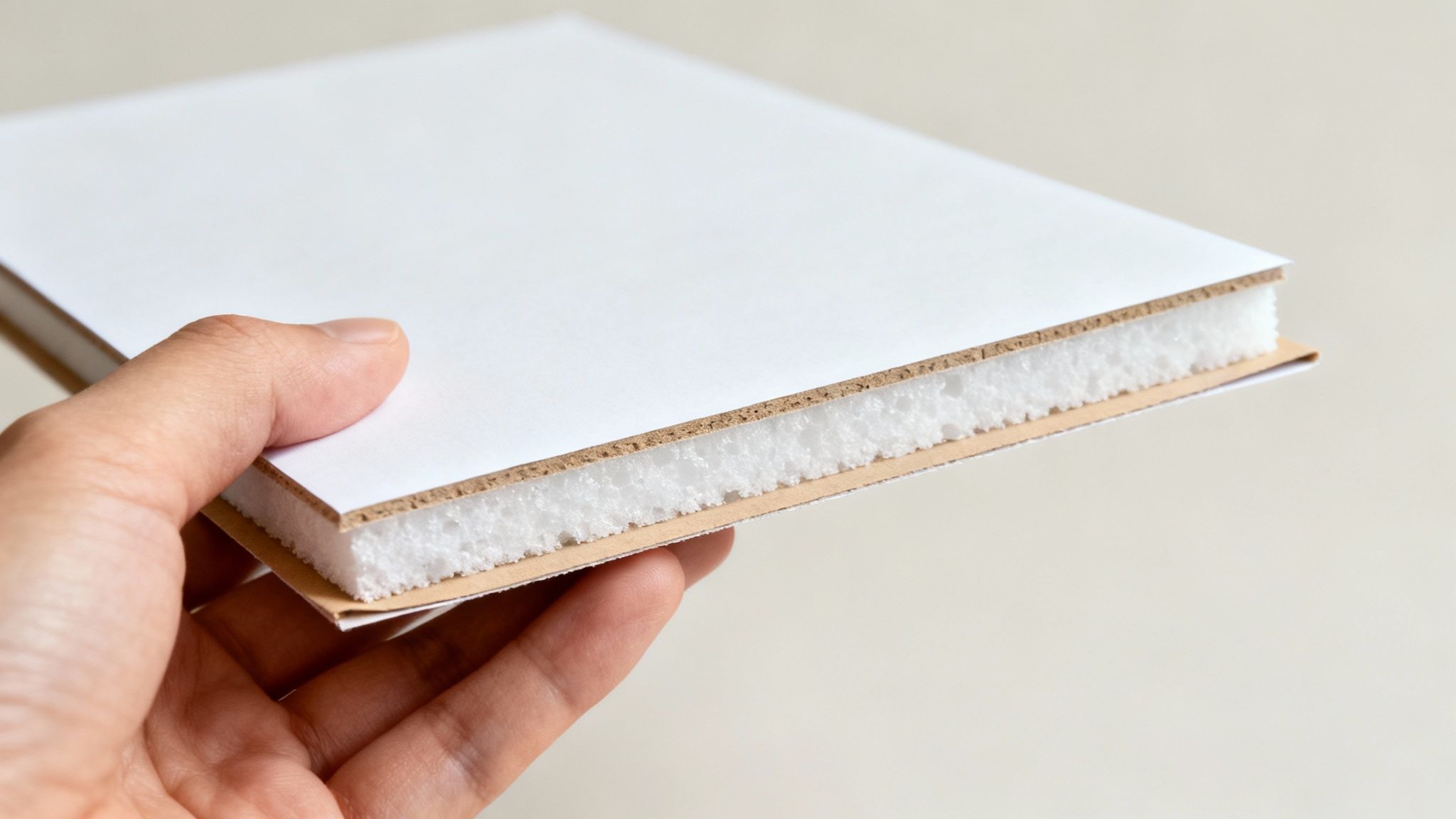 Hand holding foam core board sample showing white surface layers and internal honeycomb structure