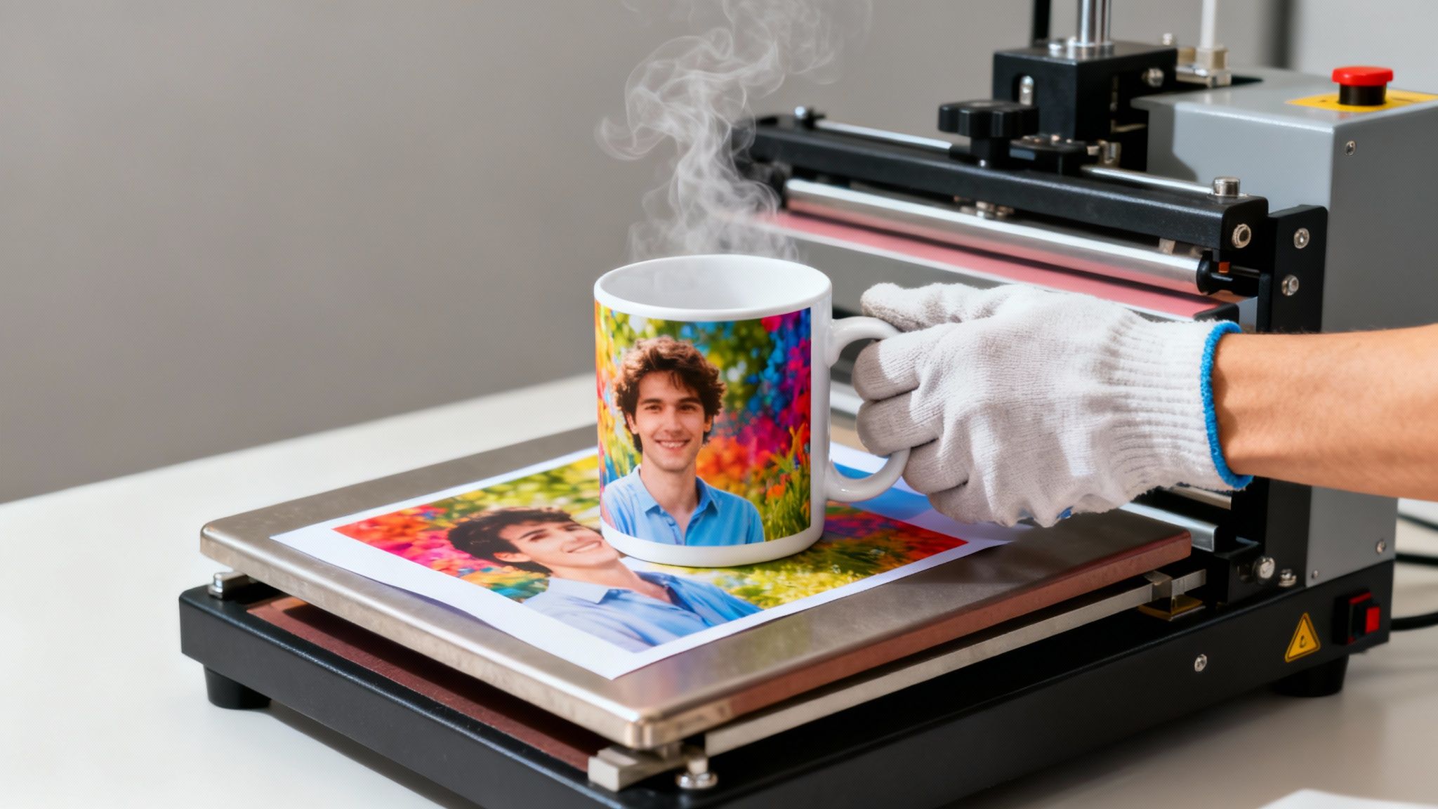 A person holding a personalised coffee mug with a photo printed on it.