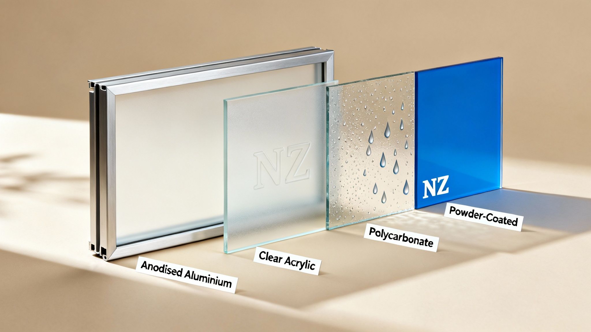 Four distinct material samples for display: anodised aluminium, clear acrylic, polycarbonate, and powder-coated blue panel.
