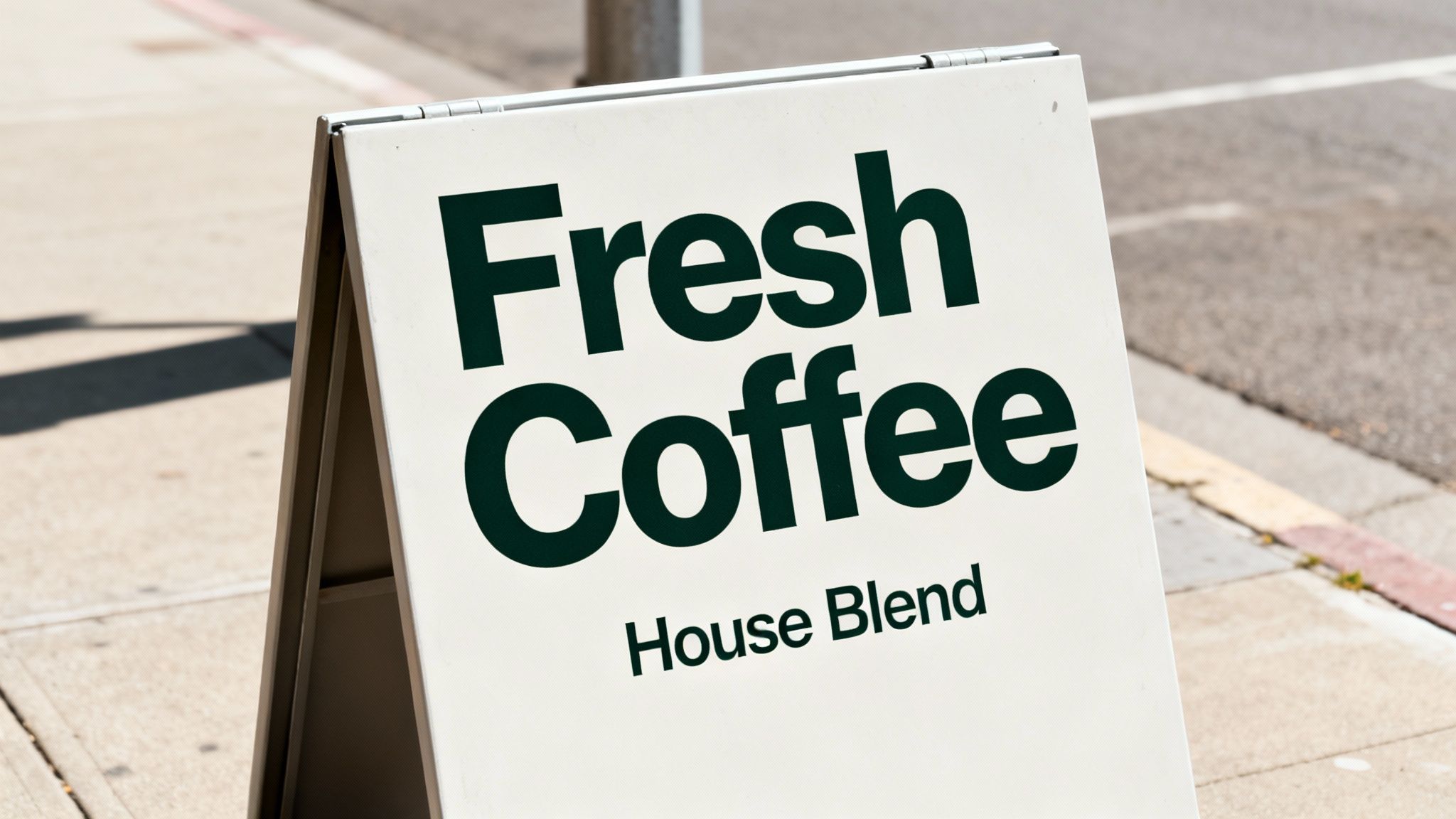 An A-frame sign advertises 'Fresh Coffee - House Blend' on a sunlit urban sidewalk.